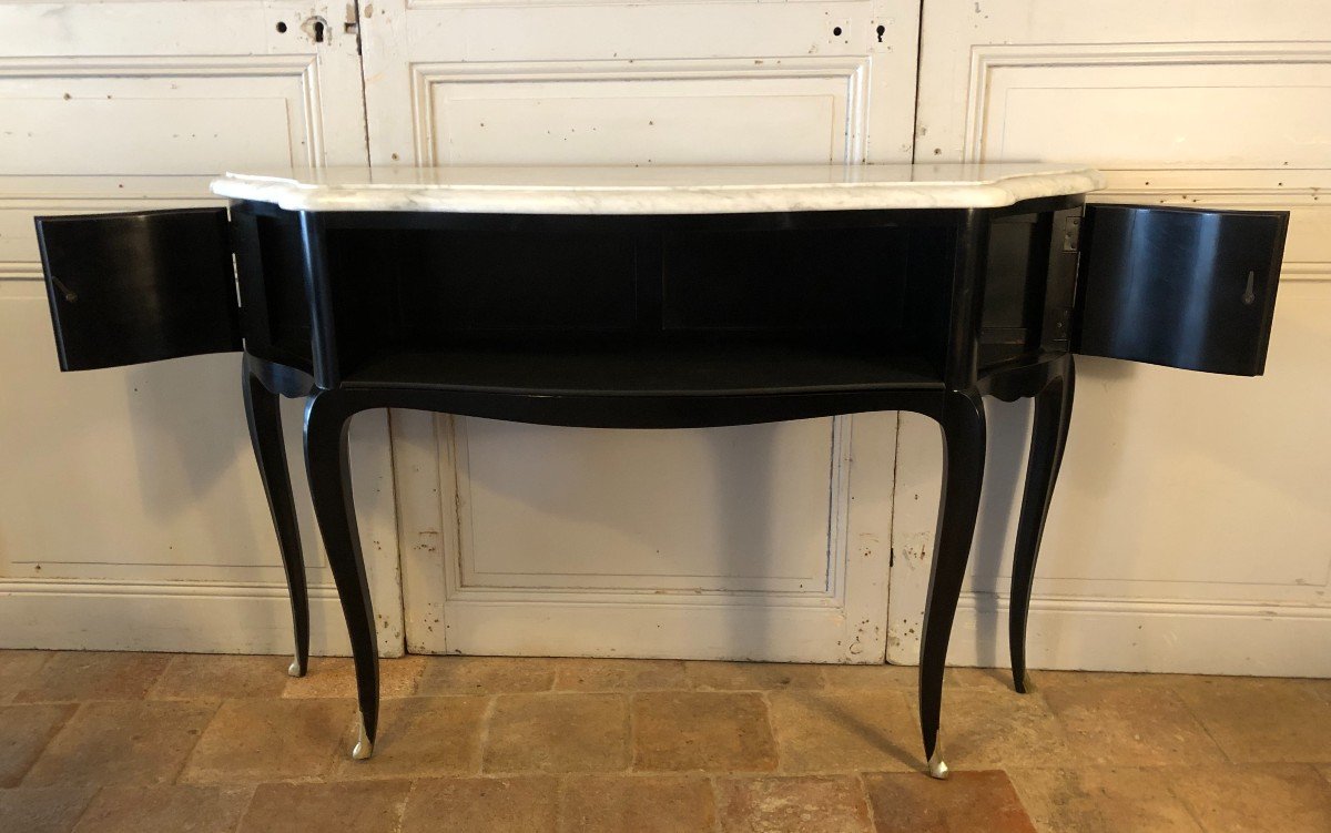Curved Art-dèco Black Lacquered Console And Carrara Marble-photo-1