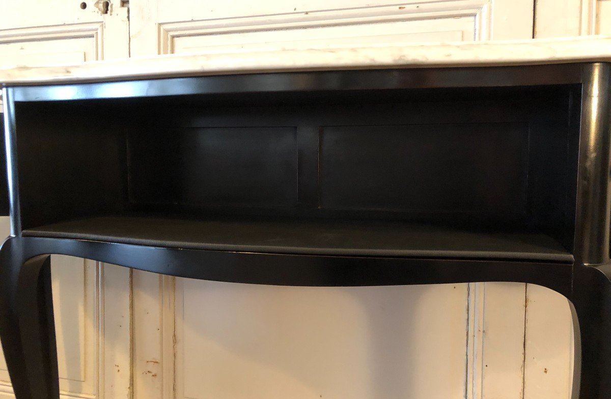 Curved Art-dèco Black Lacquered Console And Carrara Marble-photo-2
