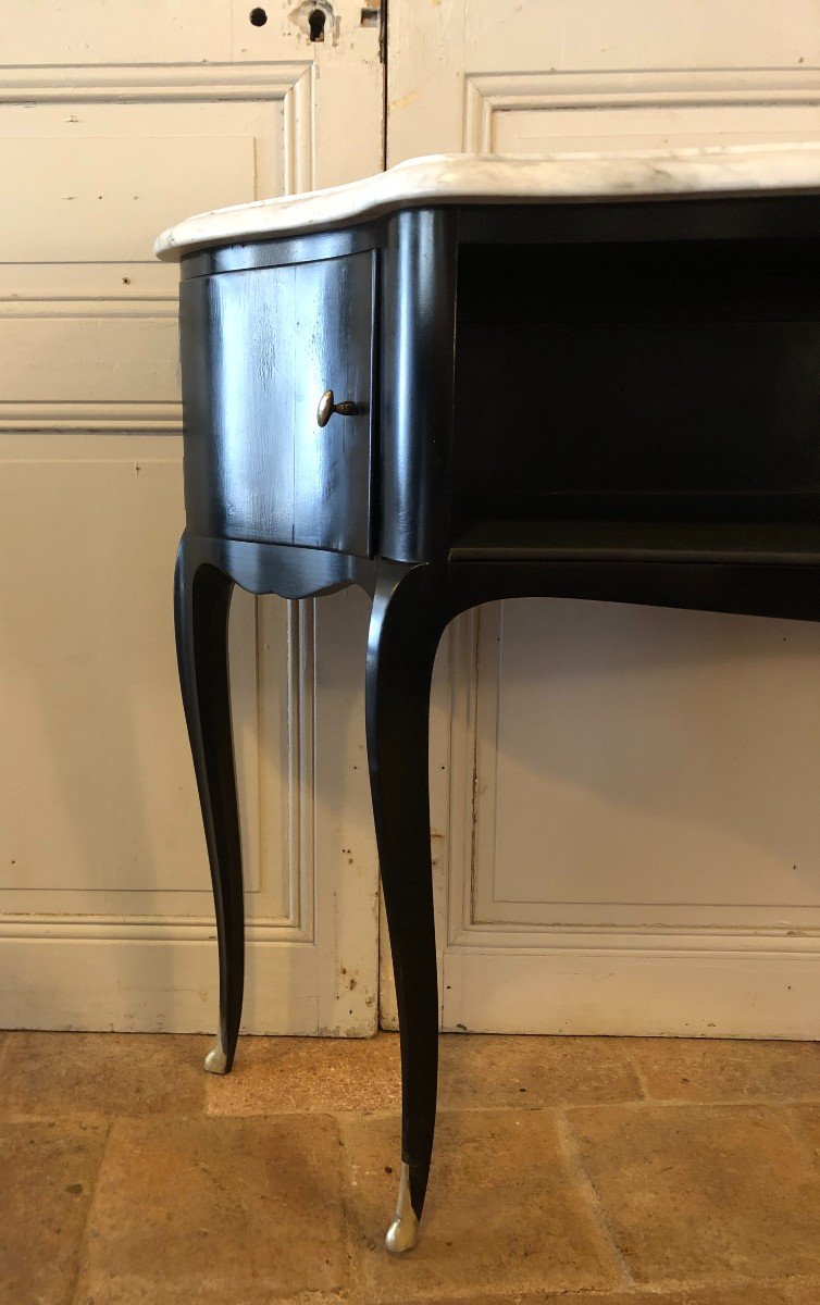 Curved Art-dèco Black Lacquered Console And Carrara Marble-photo-3
