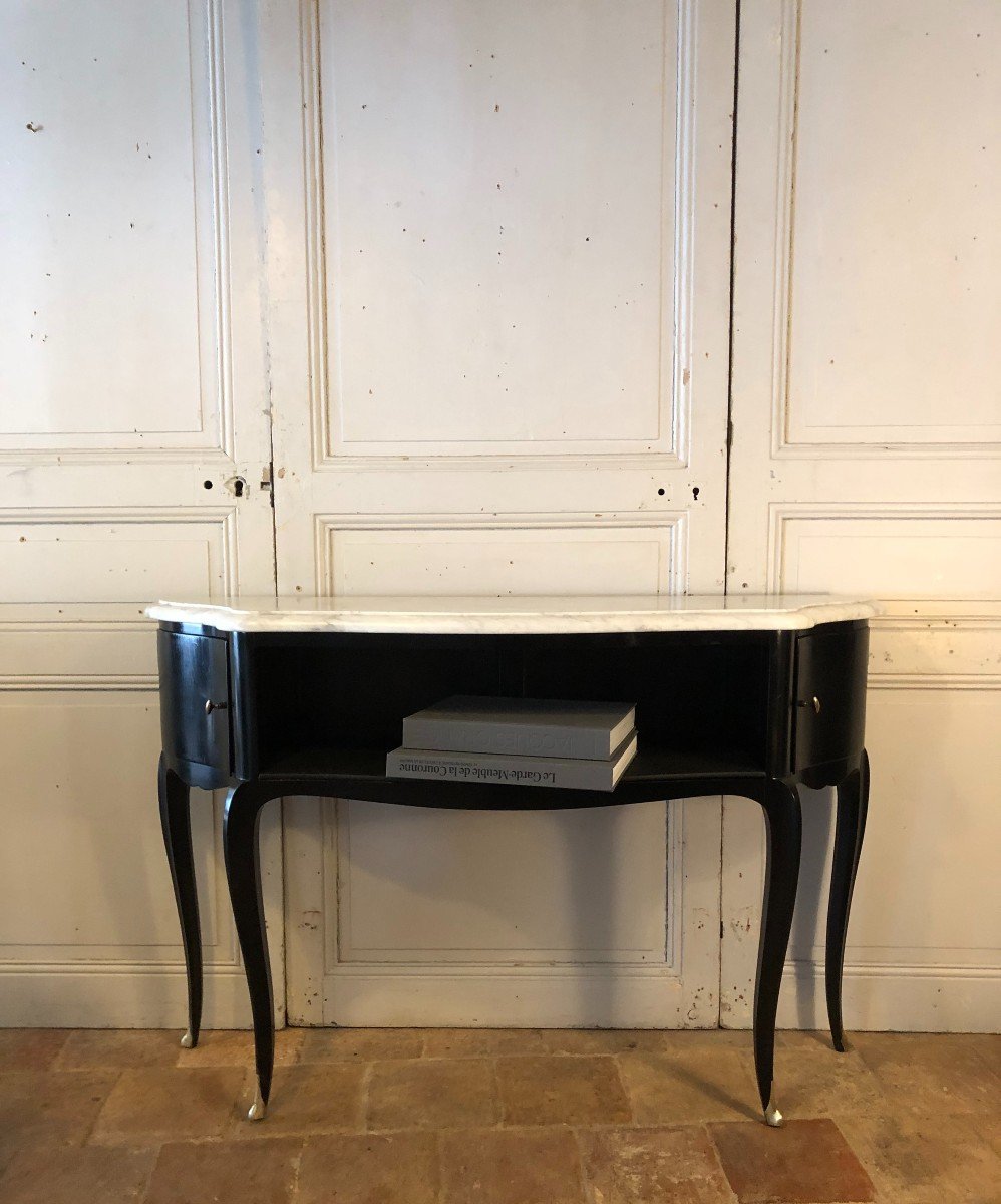 Curved Art-dèco Black Lacquered Console And Carrara Marble
