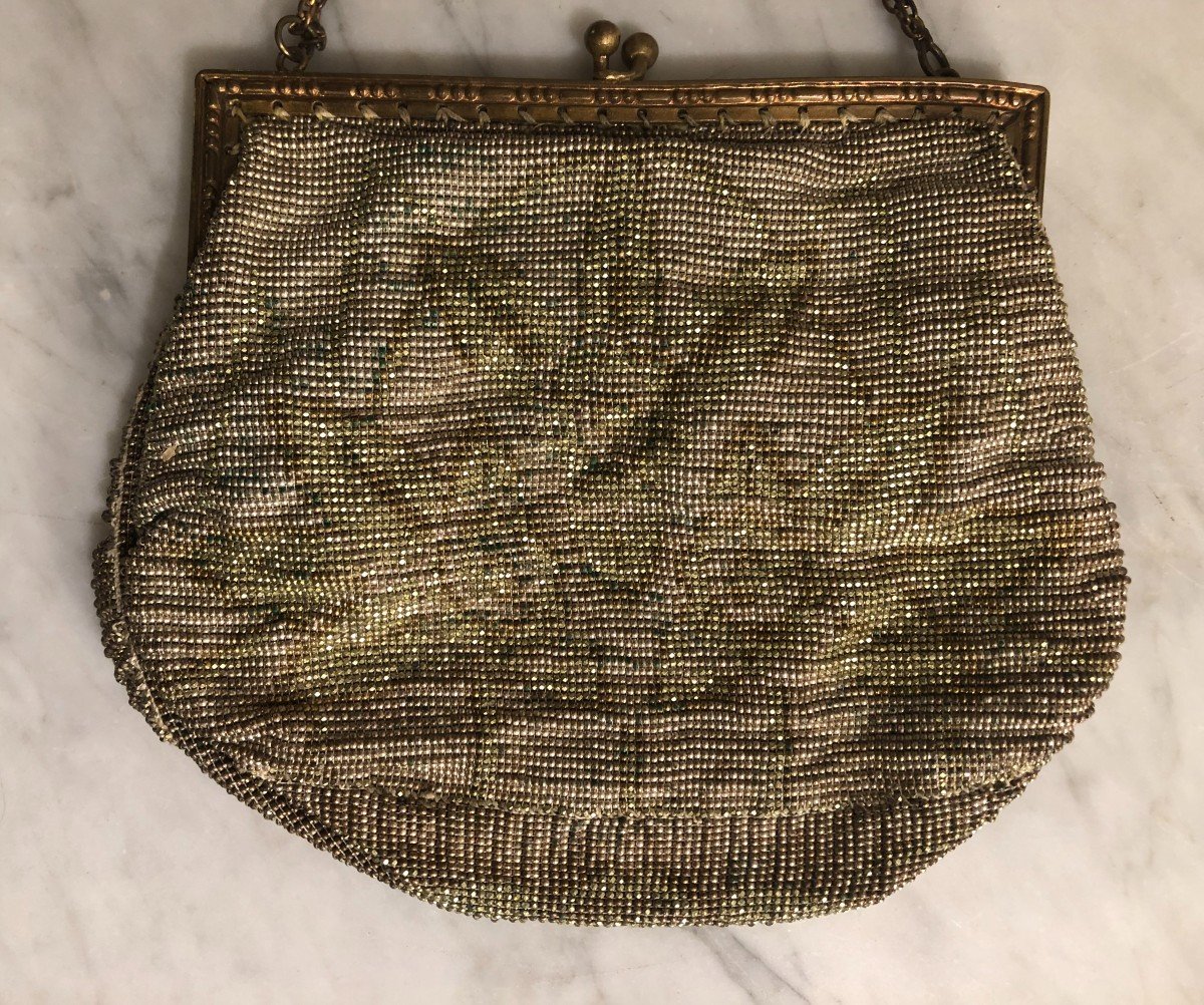 Sac Du Soir Art-déco En Perles De Verres Or Et Argent Vers 1920-photo-2