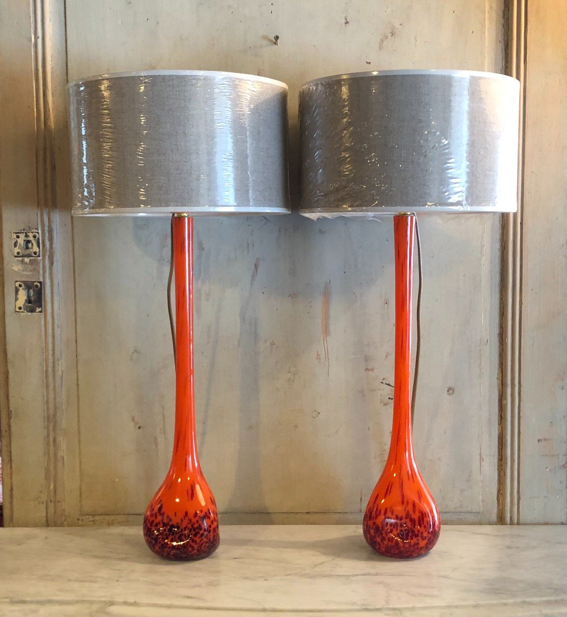Paire De Lampes En Verre Orange Vers 1970