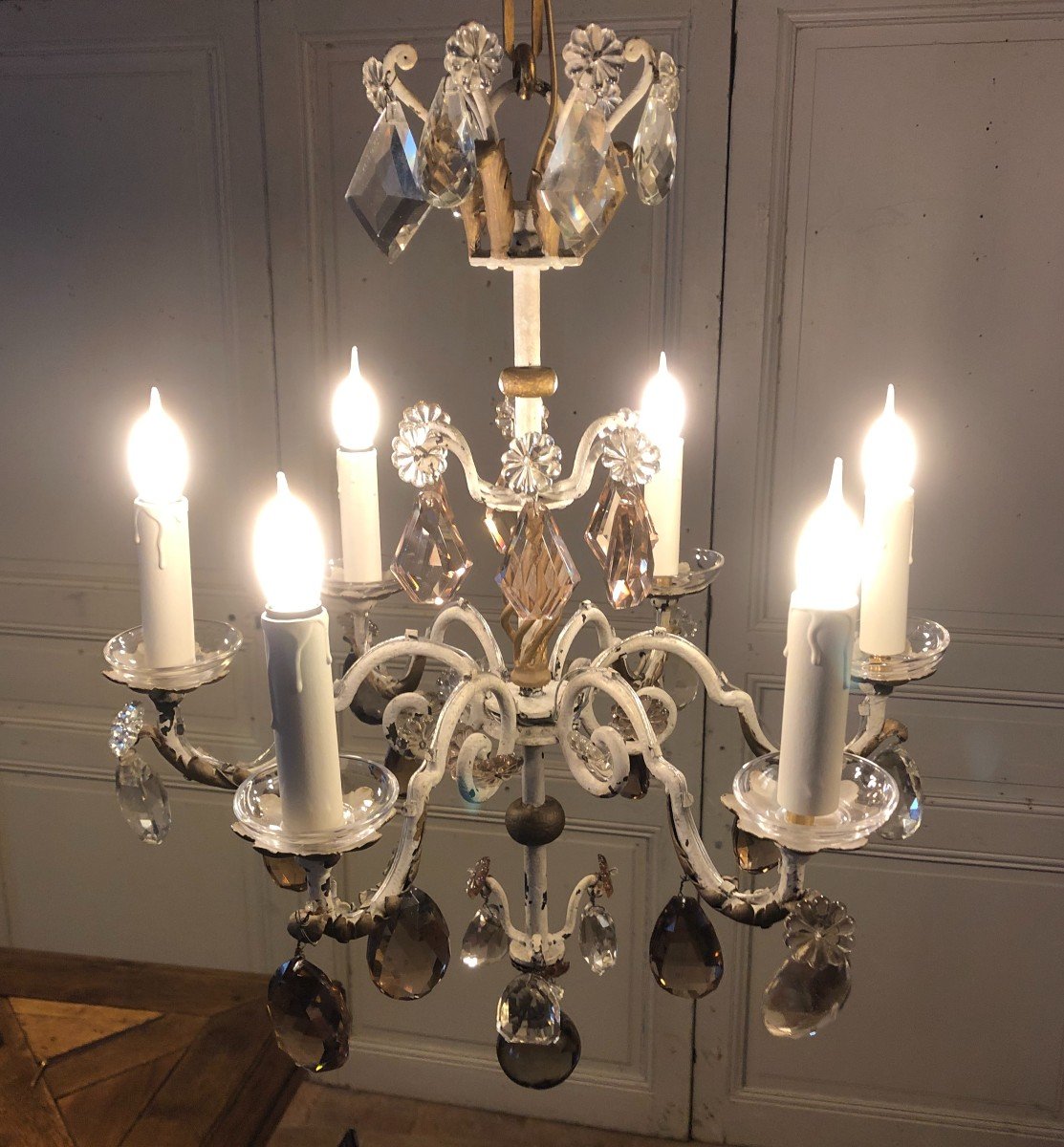 Painted And Gilded Wrought Iron Chandelier With Tassels Circa 1940-photo-2