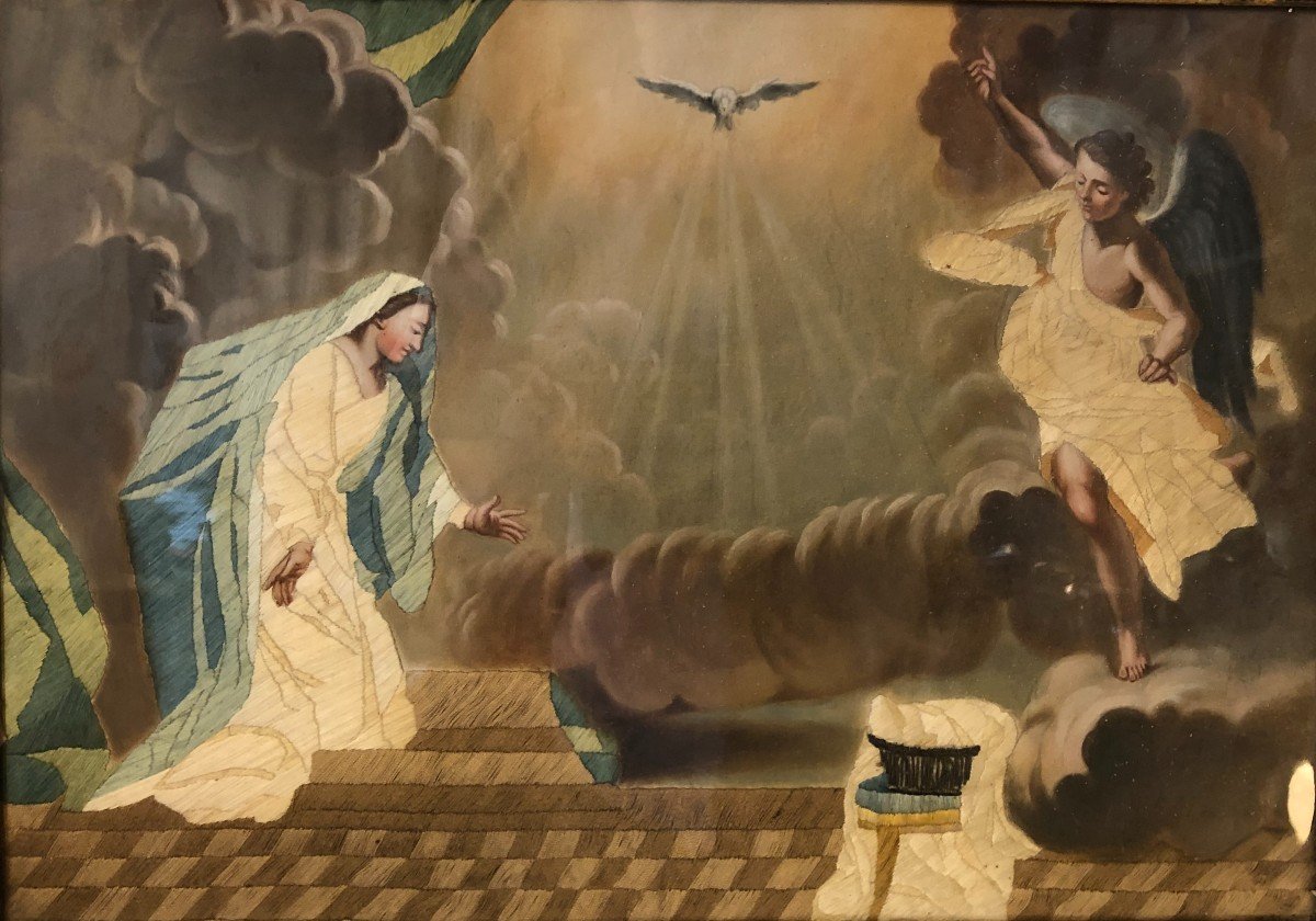 "the Annunciation" Embroidery On Painted Canvas 19th Century -photo-2