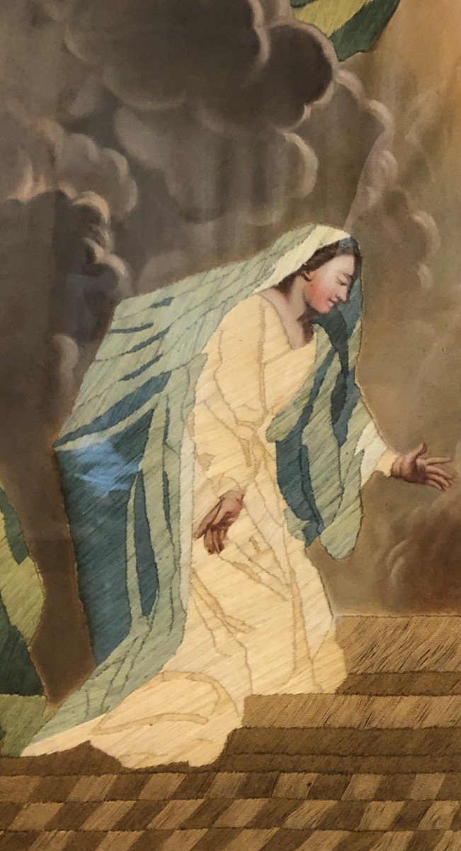 "the Annunciation" Embroidery On Painted Canvas 19th Century -photo-3