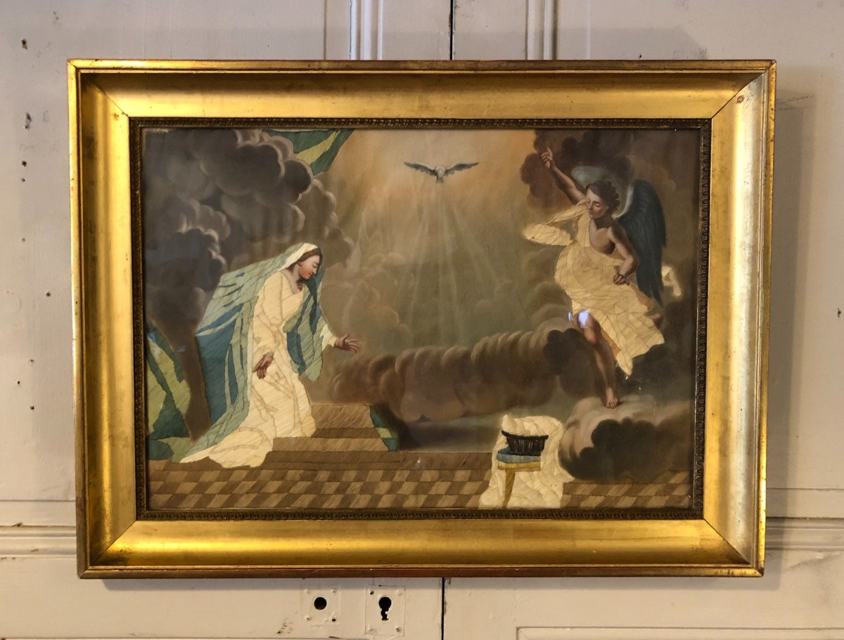 "the Annunciation" Embroidery On Painted Canvas 19th Century 