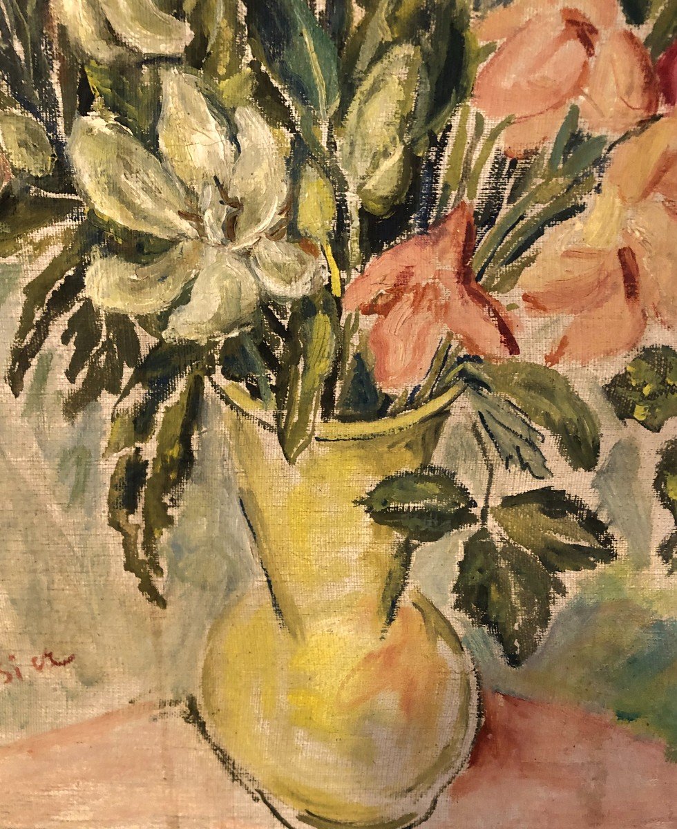 Bouquet Of Flowers Signed Marie Teyssier Acrylic On Canvas-photo-1