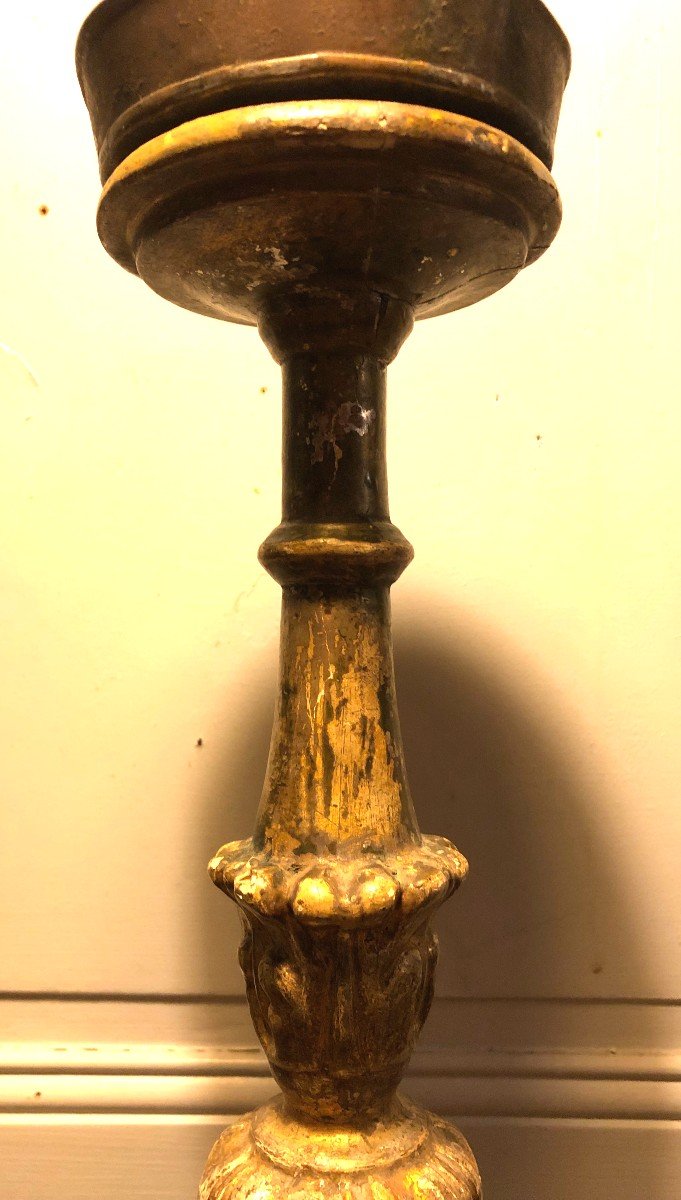 Pair Of Baroque Candlesticks In Gilded Wood, 18th Century -photo-2