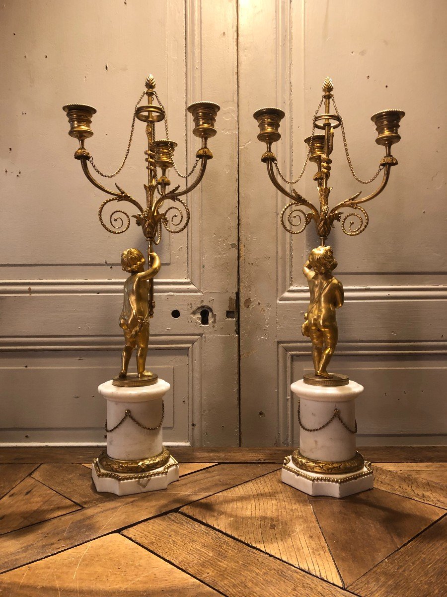 Pair Of Louis XVI Candelabra With Putti In Gilt Bronze, 18th Century -photo-3