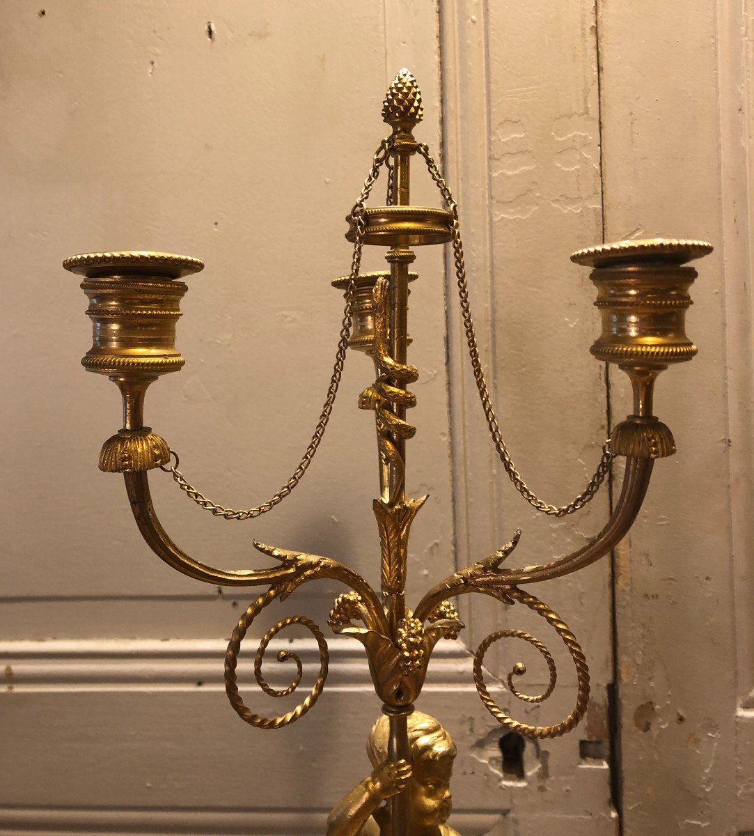 Pair Of Louis XVI Candelabra With Putti In Gilt Bronze, 18th Century -photo-1