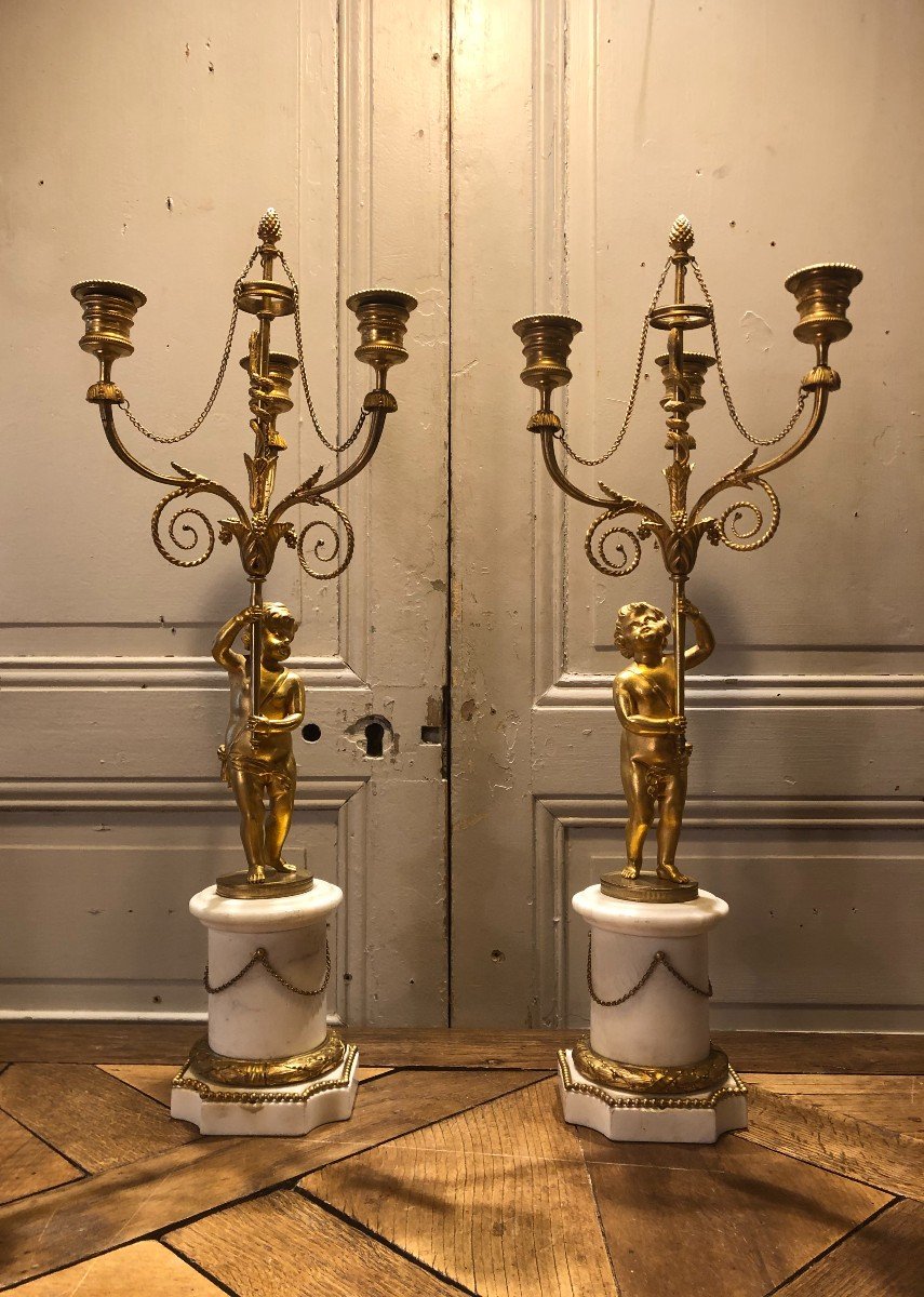 Pair Of Louis XVI Candelabra With Putti In Gilt Bronze, 18th Century 