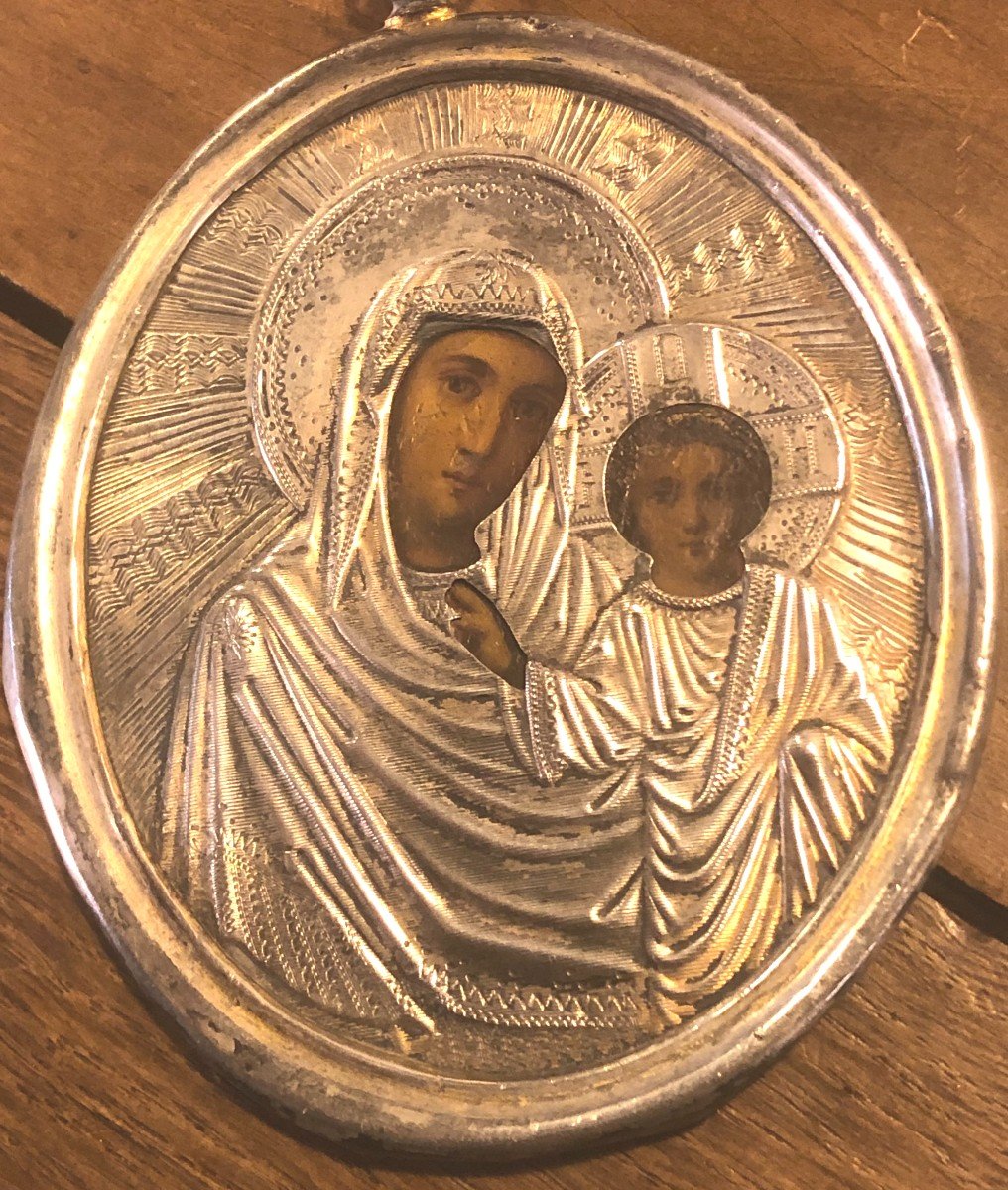 Icône De Voyage " Vierge à l'Enfant " Argent Massif Russie -photo-3