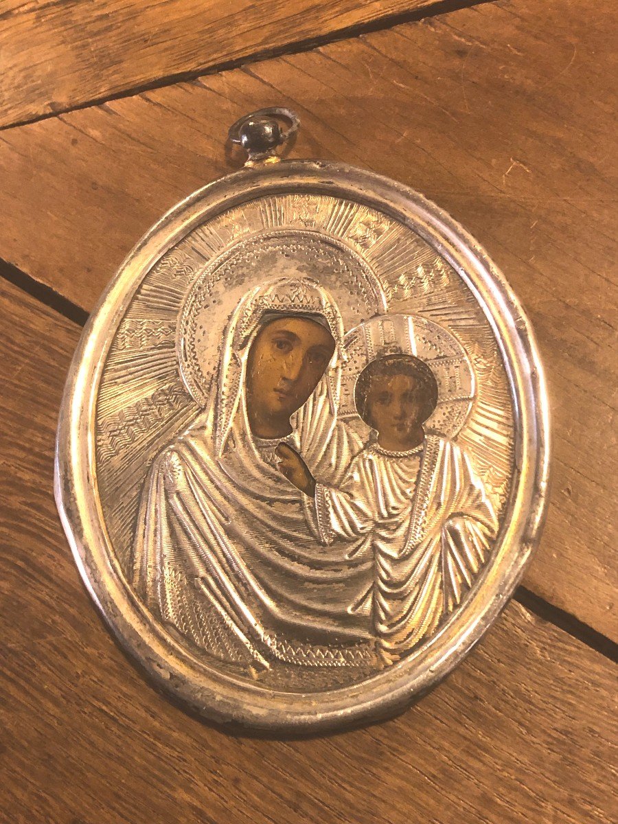 Icône De Voyage " Vierge à l'Enfant " Argent Massif Russie 