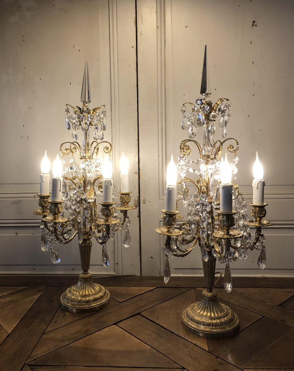 Paire De Girandoles Style Louis XVI En Bronze Doré XIX° Siècle -photo-2