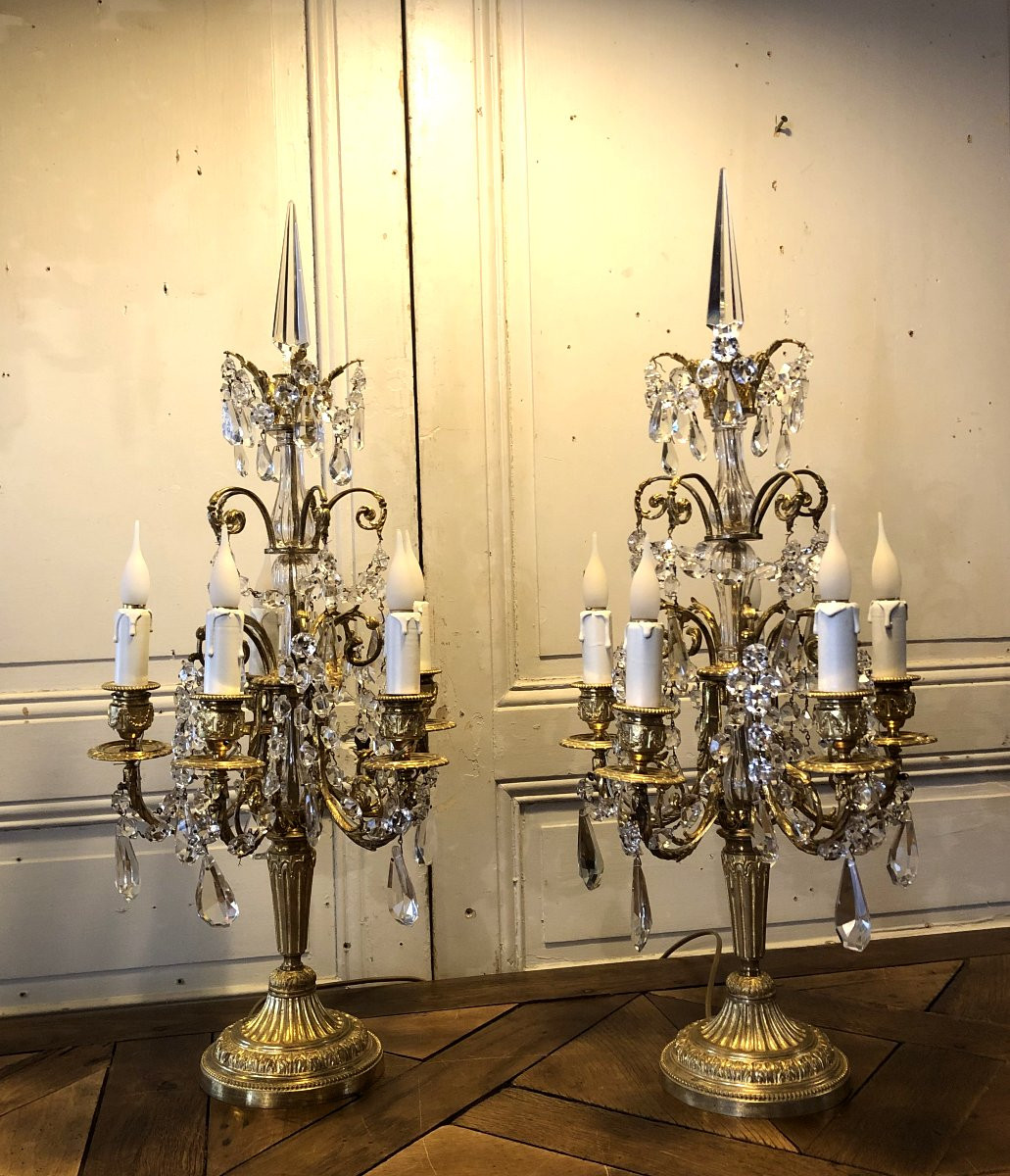 Paire De Girandoles Style Louis XVI En Bronze Doré XIX° Siècle -photo-8