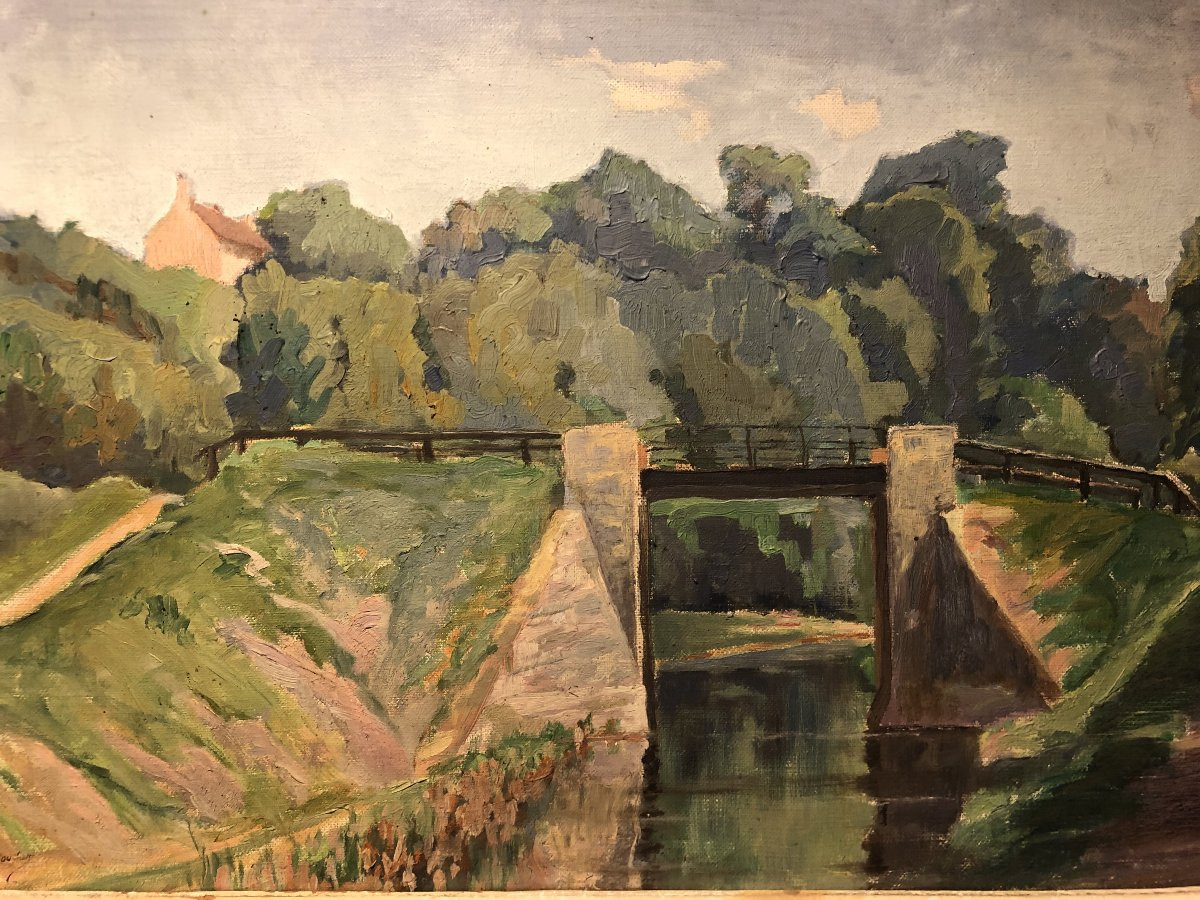 Huile Sur Toile "pont En Campagne" Signé C Boucher XX° Siècle -photo-2