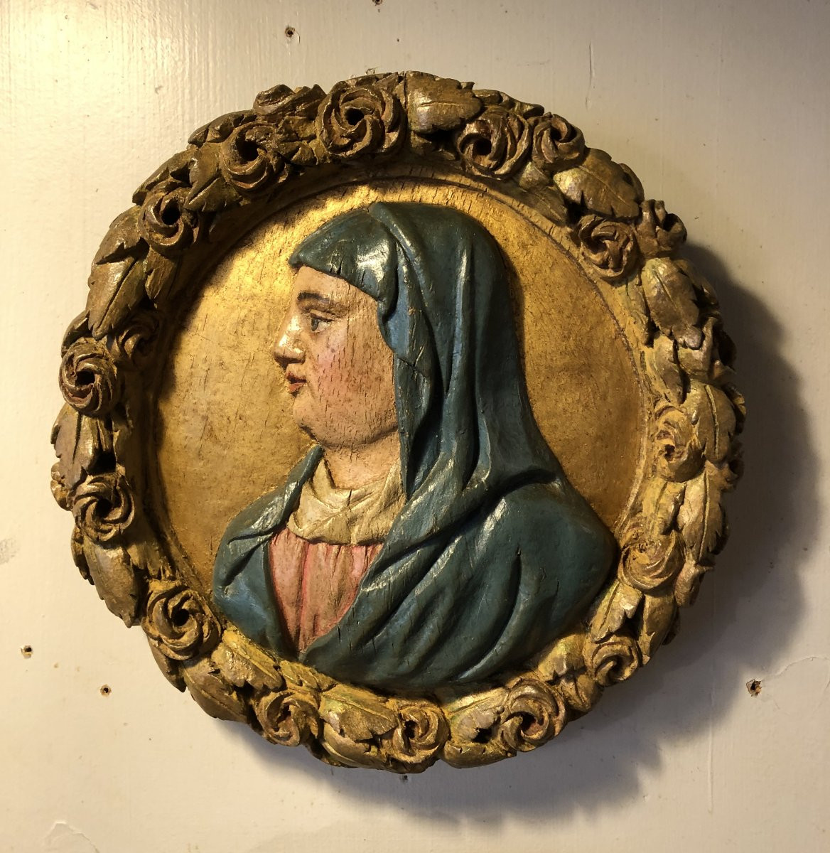 Jesus And Mary Pair Of Polychrome Wood Medallions 18th Century  -photo-2