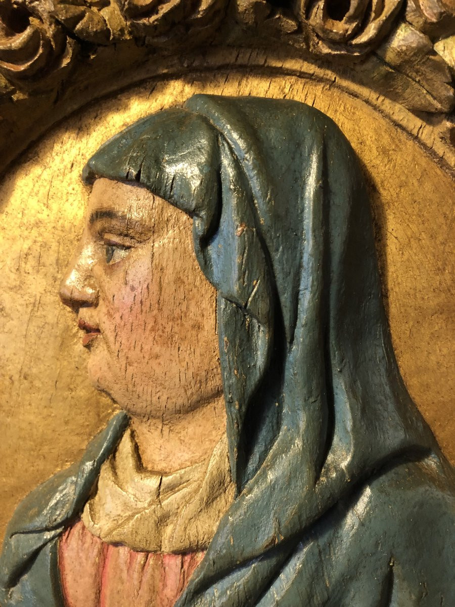Jesus And Mary Pair Of Polychrome Wood Medallions 18th Century  -photo-4