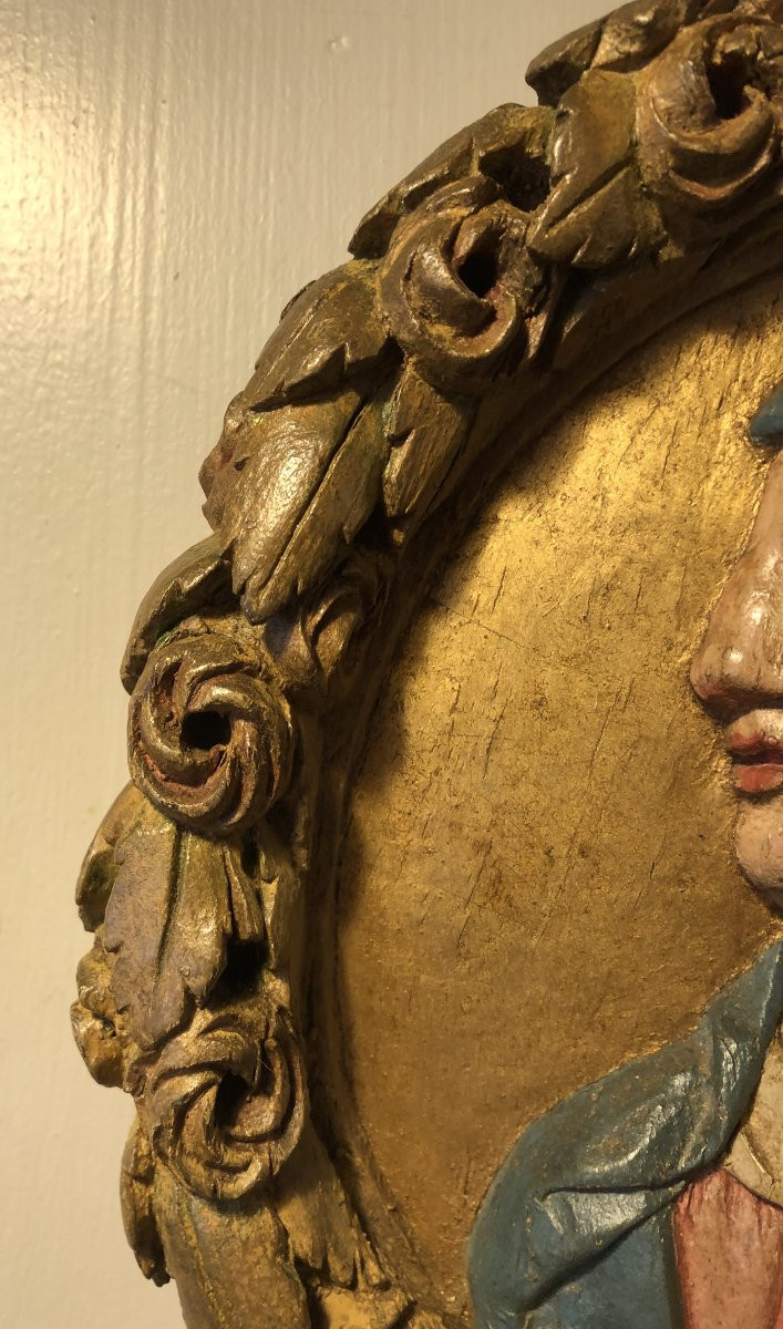 Jesus And Mary Pair Of Polychrome Wood Medallions 18th Century  -photo-2