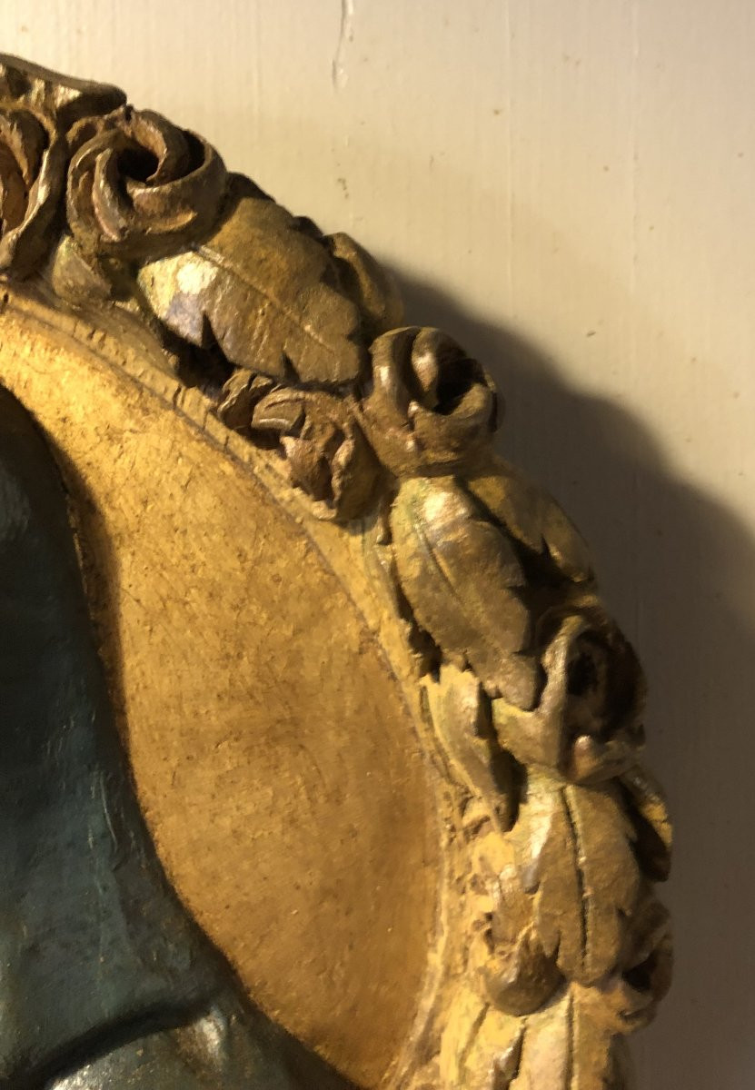Jesus And Mary Pair Of Polychrome Wood Medallions 18th Century  -photo-3