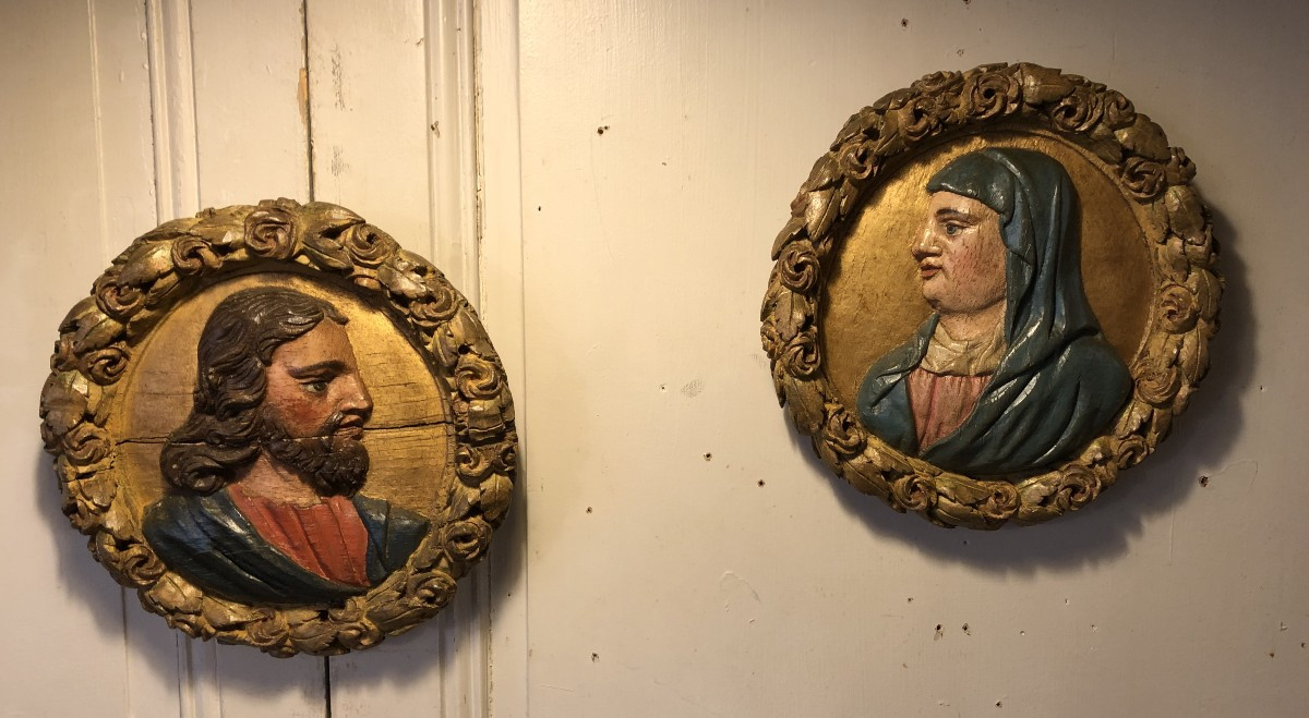 Jesus And Mary Pair Of Polychrome Wood Medallions 18th Century  