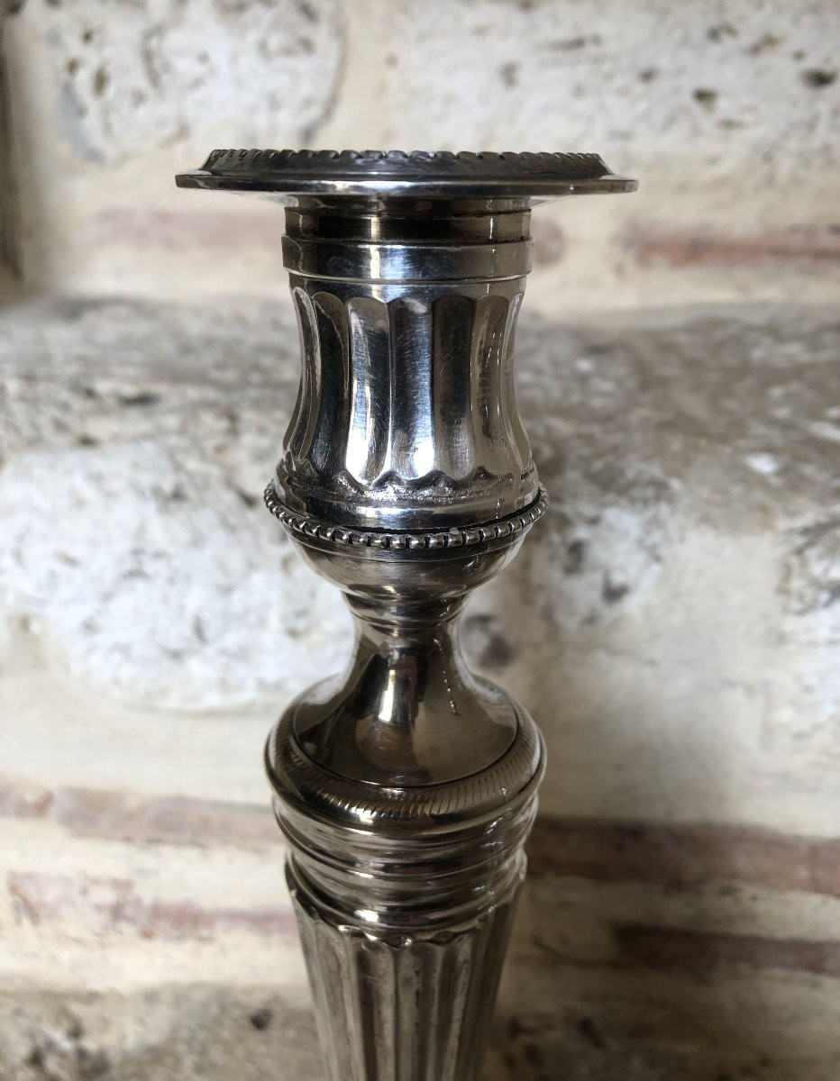 Pair Of Louis XVI Candlesticks In Silver-plated Bronze, 18th Century -photo-1