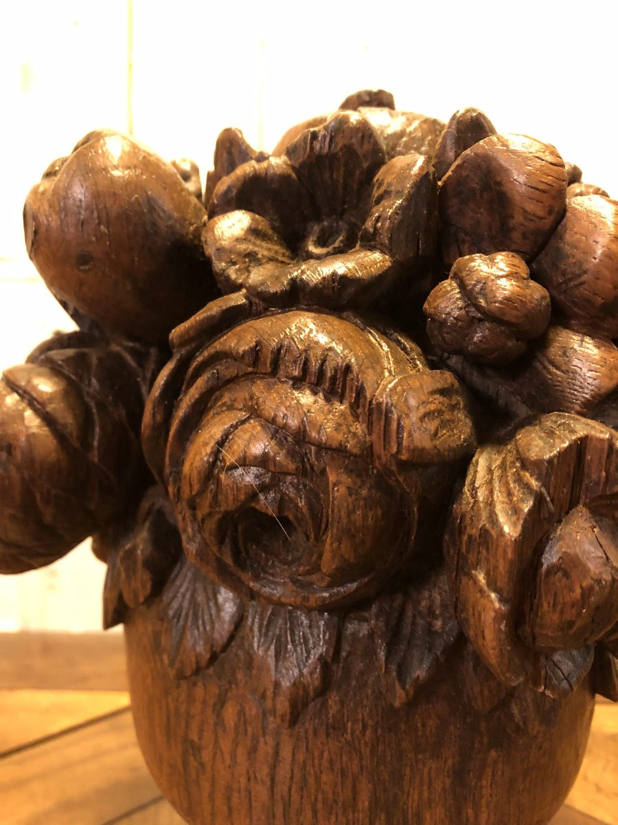 Bouquet De Fleurs Et Fruits En Bois Sculpté XVIII° Siècle Pot à Feu -photo-4
