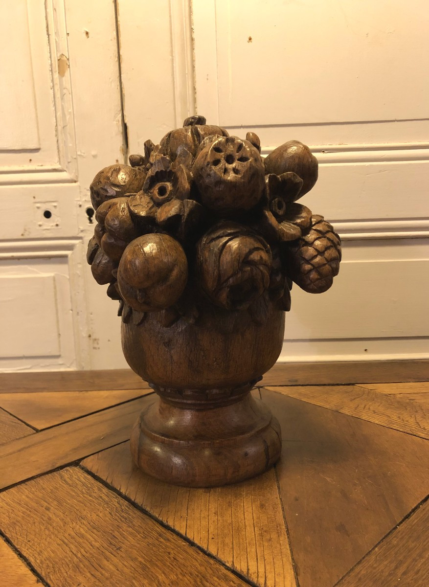 Bouquet De Fleurs Et Fruits En Bois Sculpté XVIII° Siècle Pot à Feu 