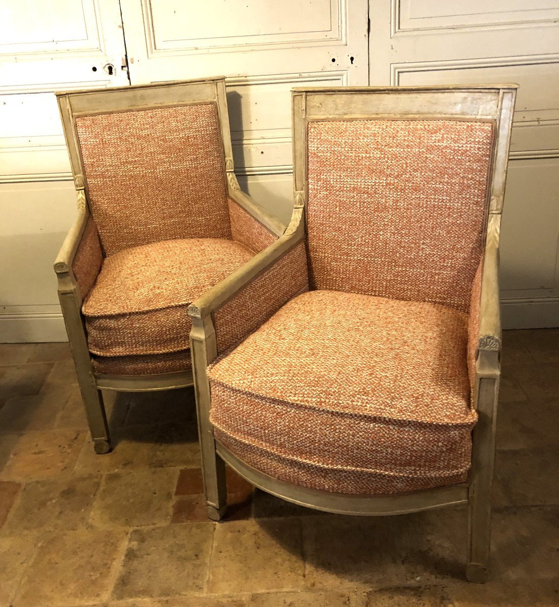 Pair Of Consulate Bergeres In Lacquered Wood, Late 18th Century-photo-2