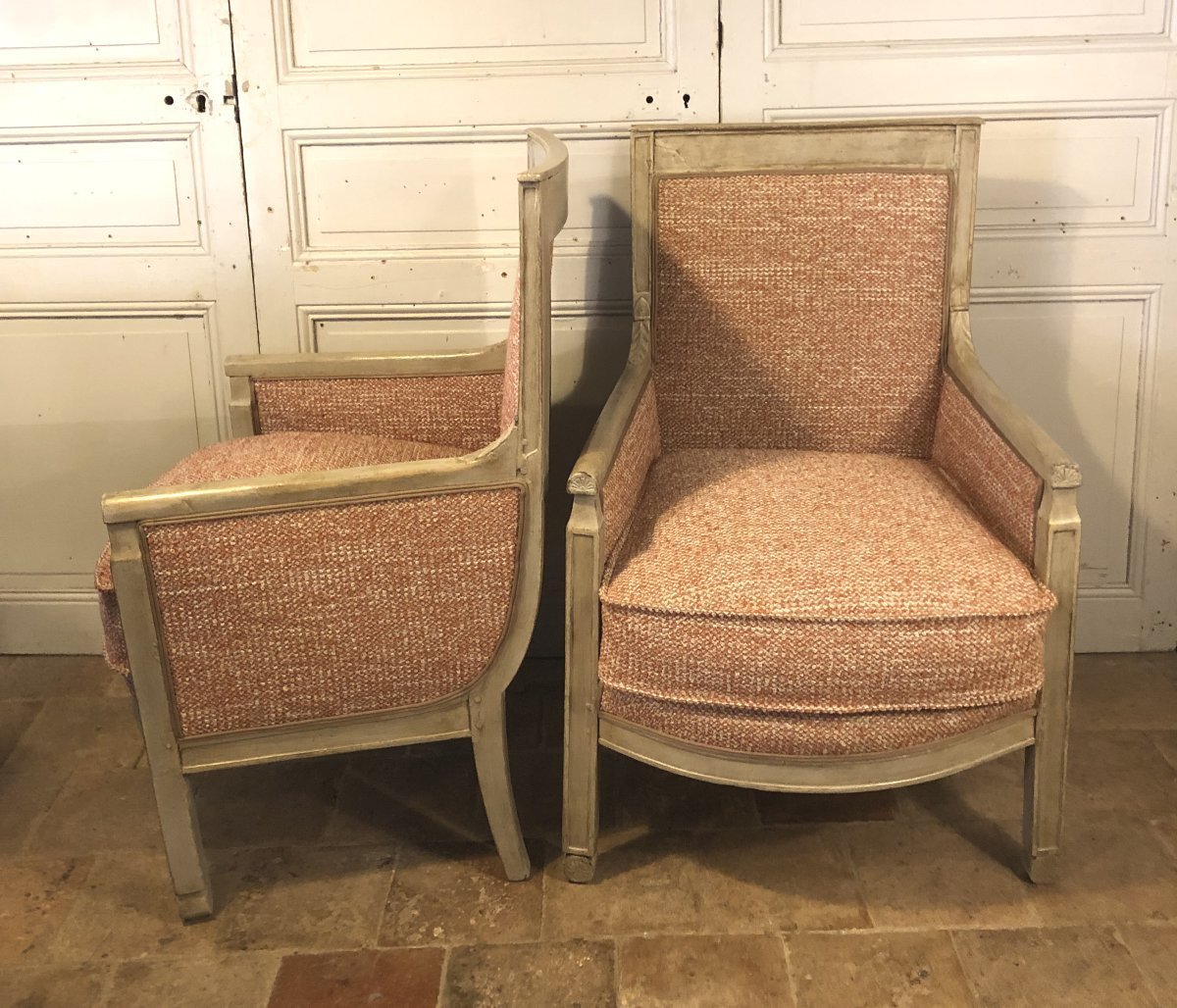 Pair Of Consulate Bergeres In Lacquered Wood, Late 18th Century-photo-3