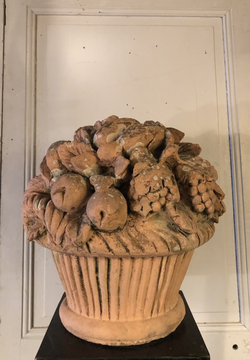 Importante Corbeille De Fruits En Terre Cuite XIX° Siècle