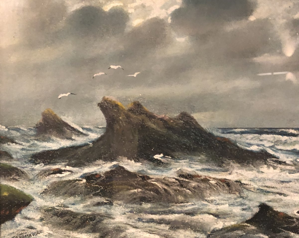 Côtes Bretonne Pair Of Pastels Signed Senamaux 20th Century  -photo-5