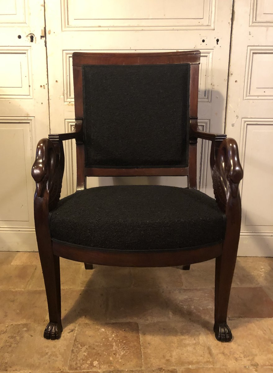Pair Of Empire Armchairs With Swans In Mahogany, 19th Century-photo-3