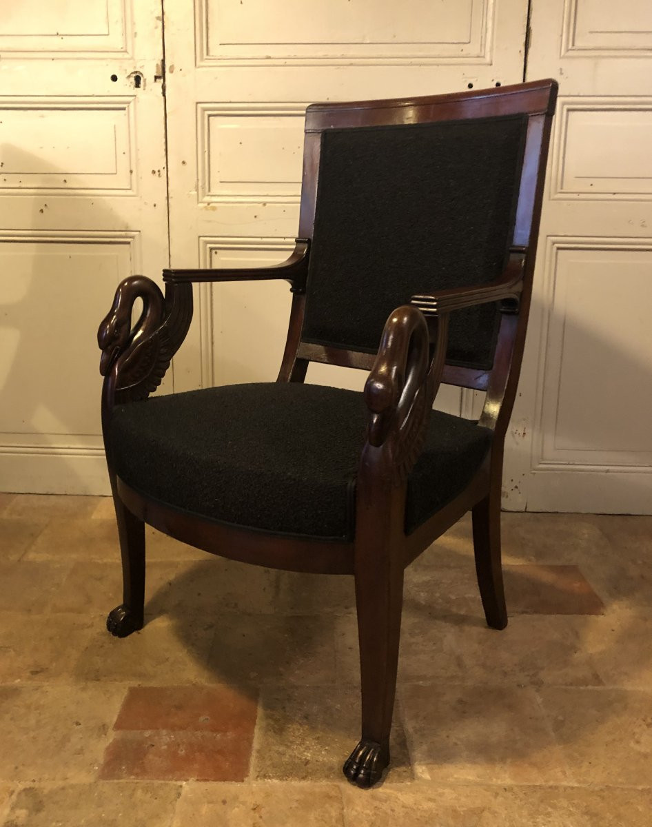 Pair Of Empire Armchairs With Swans In Mahogany, 19th Century-photo-4