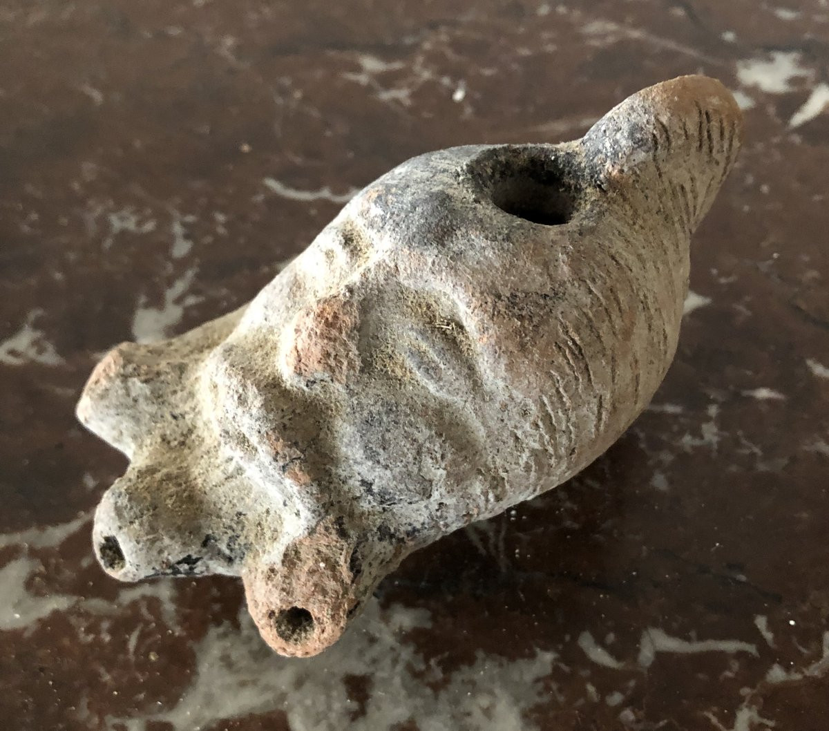 Roman Oil Lamp With Bearded Man's Head In Terracotta  -photo-2