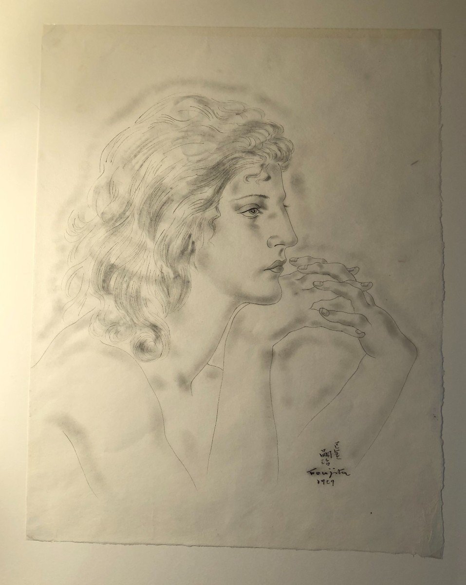 Drawing Profile Of Young Woman "jacqueline" Signed Foujita And Dated 1929-photo-3
