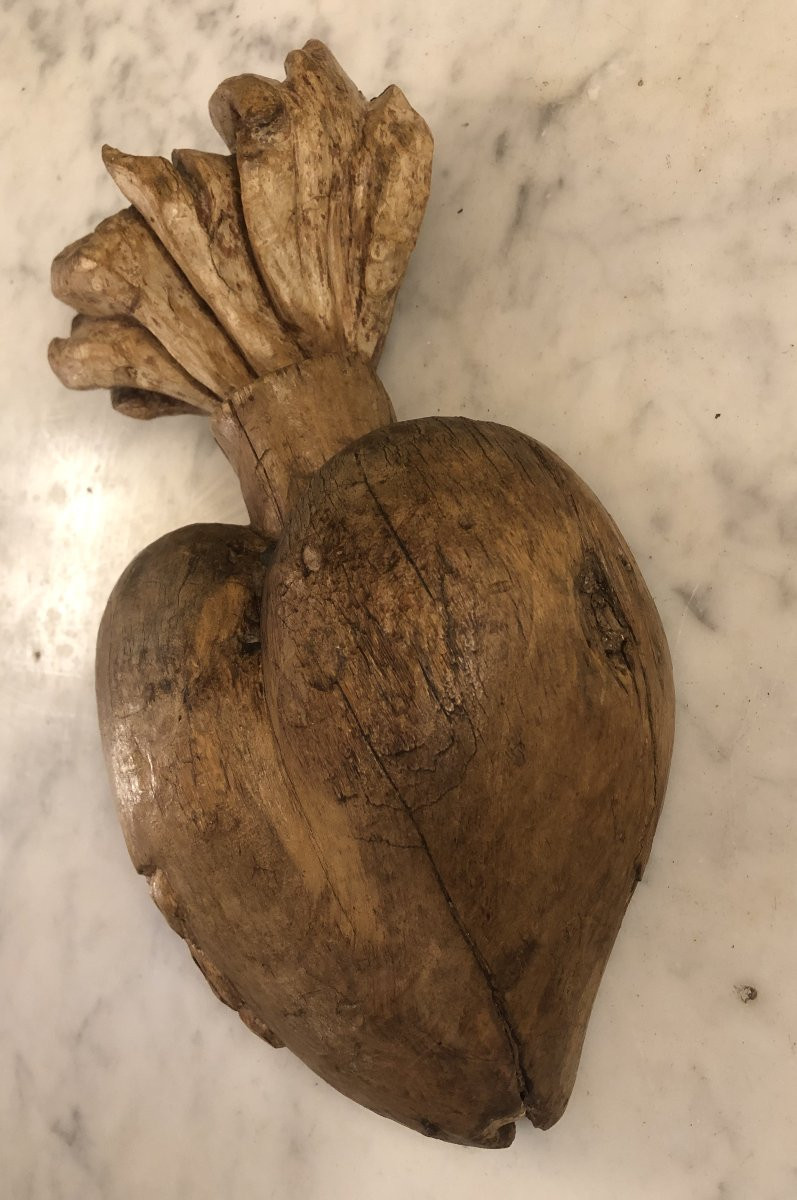 Large Wooden Ex Voto Heart Of Mary, Late 17th Century-photo-3