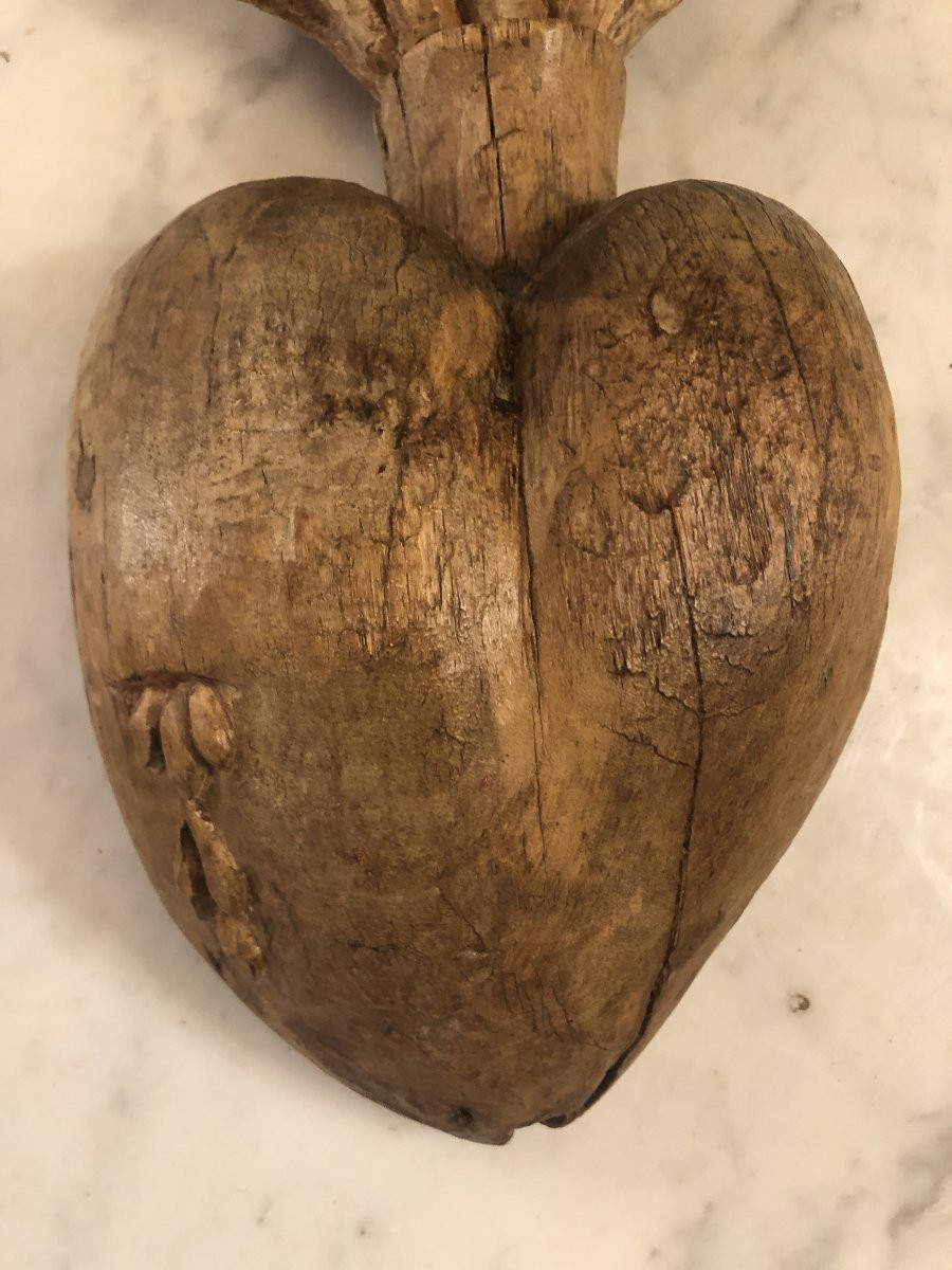 Large Wooden Ex Voto Heart Of Mary, Late 17th Century-photo-1