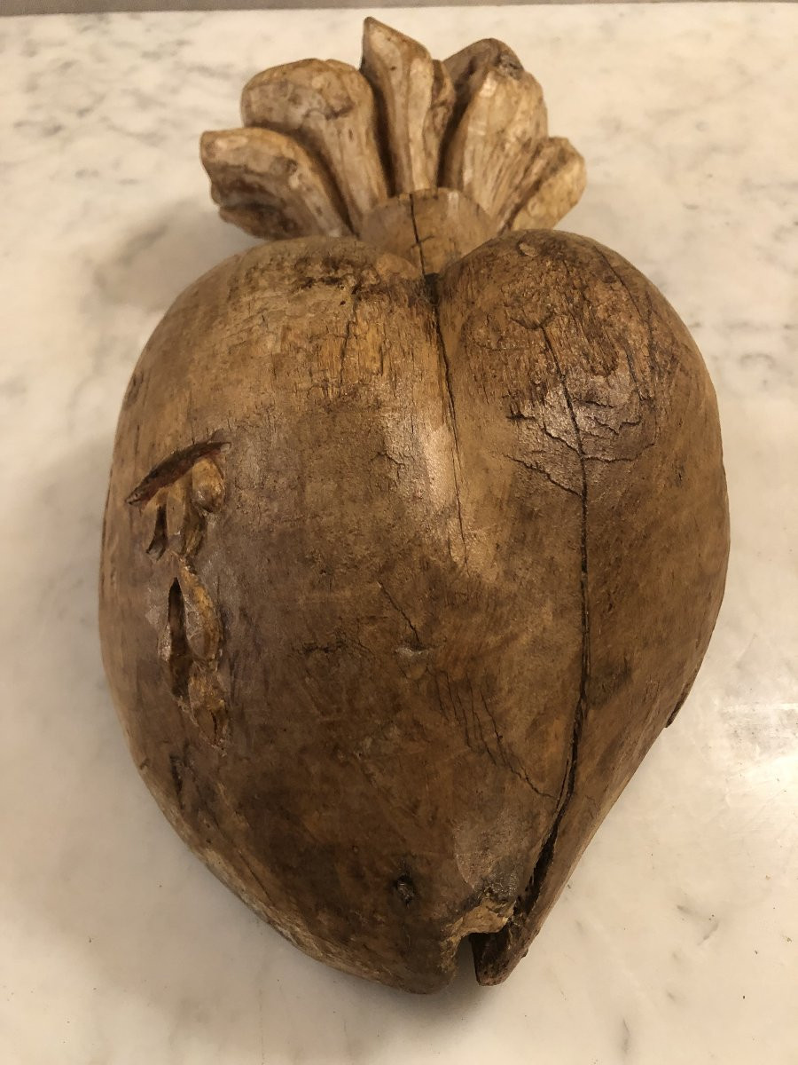 Large Wooden Ex Voto Heart Of Mary, Late 17th Century-photo-2