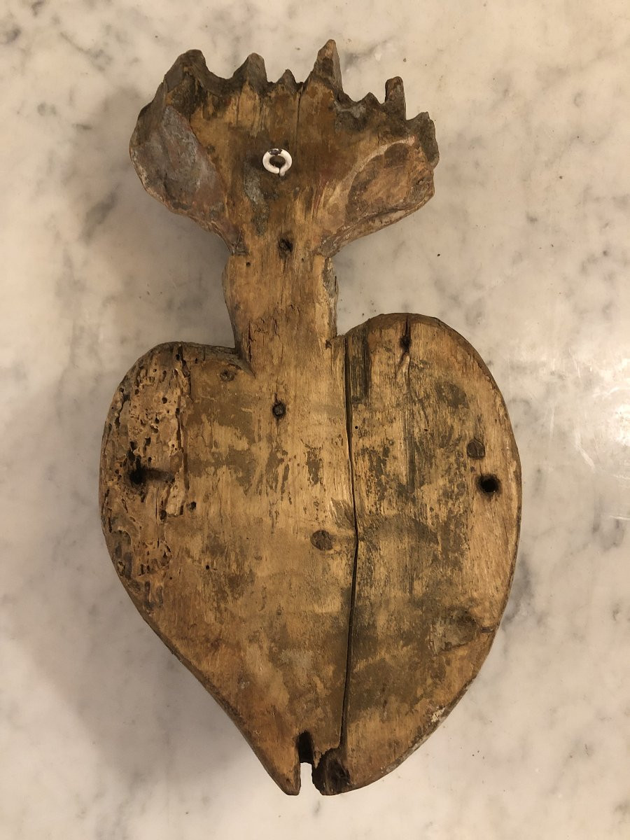 Large Wooden Ex Voto Heart Of Mary, Late 17th Century-photo-3