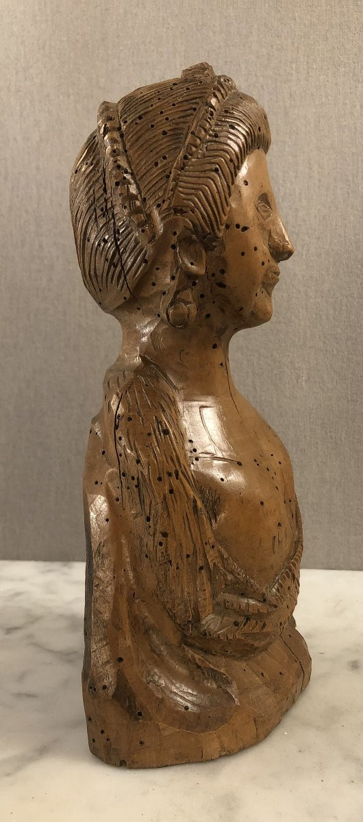 buste de dame de qualité en bois sculpté et ciré XVIII° siècle -photo-3