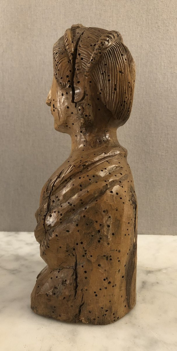 buste de dame de qualité en bois sculpté et ciré XVIII° siècle -photo-2