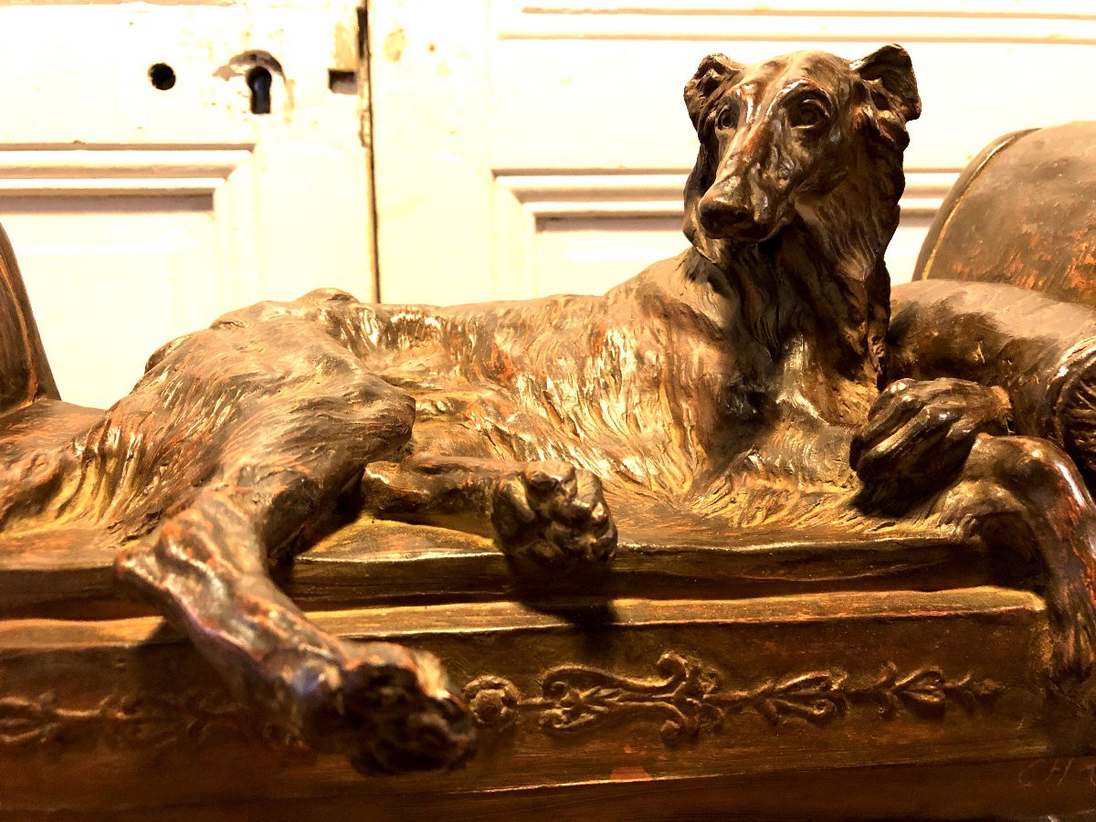 Chien sur un lit de repos signé Ch Chivot terre cuite XIX° siècle -photo-3