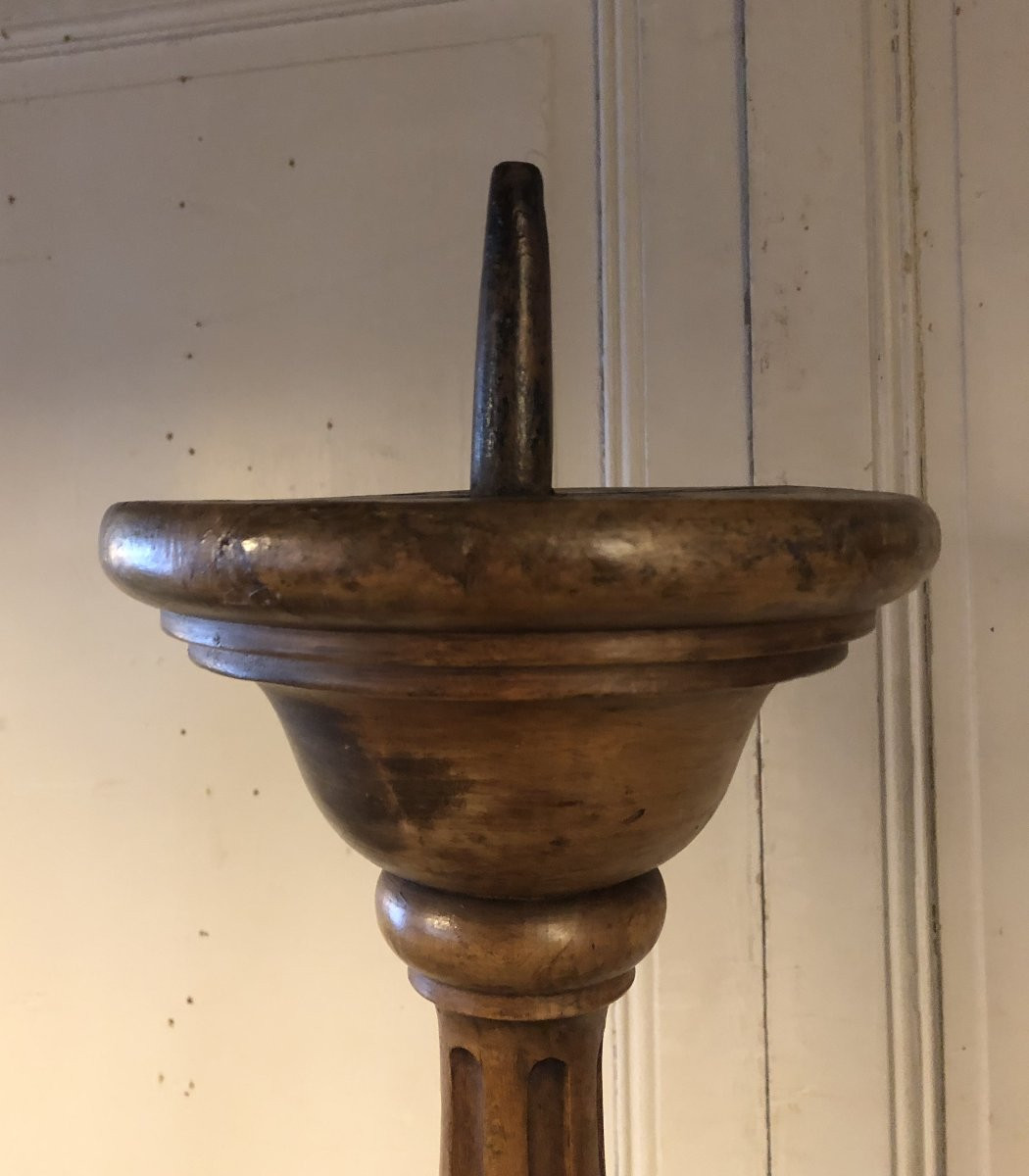 Paire de grands pique cierges style Louis XVI en bois fruitier H 177 cm-photo-3
