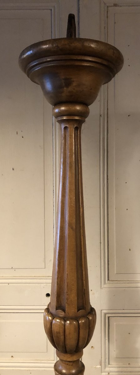 Paire de grands pique cierges style Louis XVI en bois fruitier H 177 cm-photo-4
