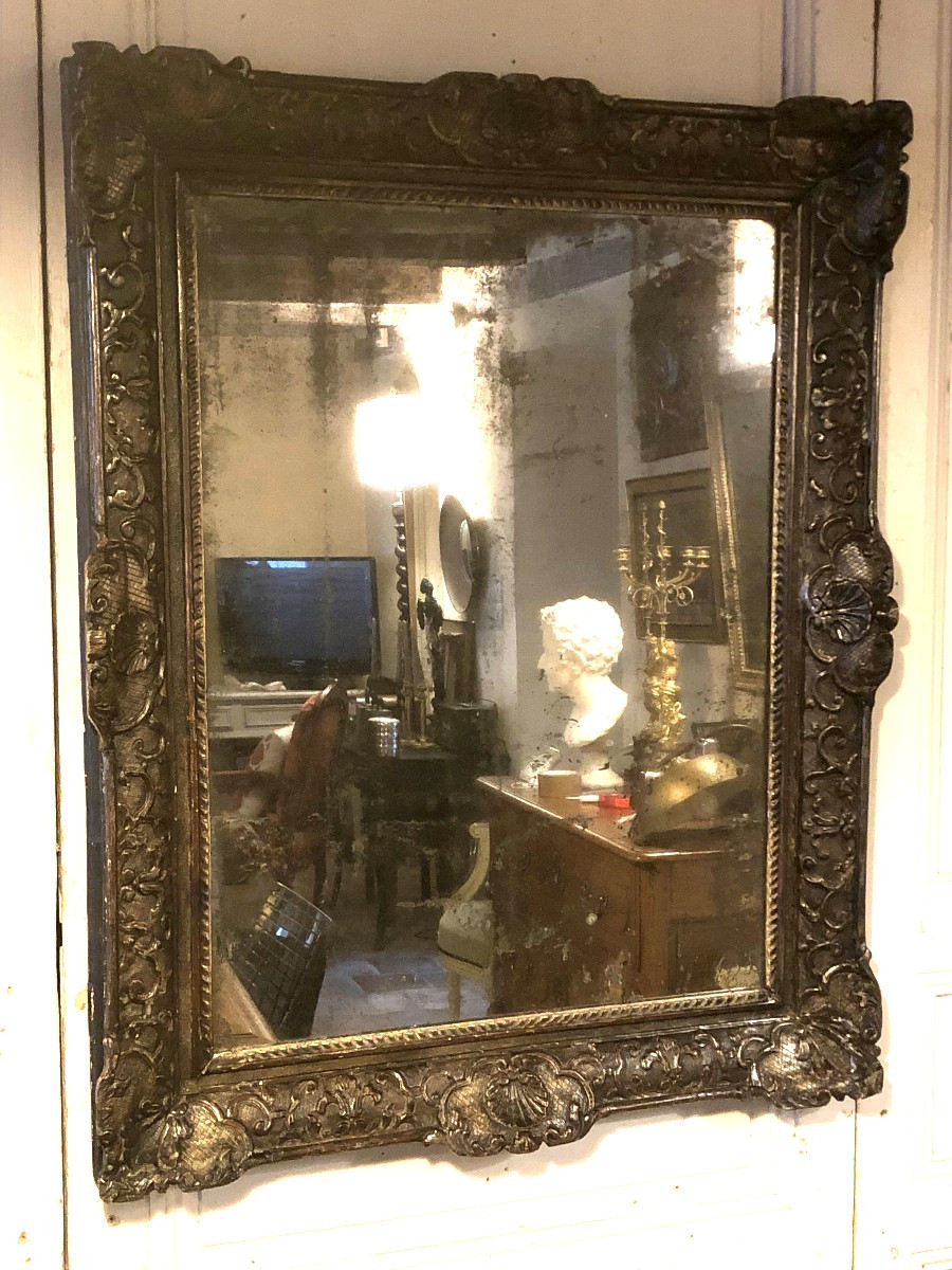 Louis XIV Mirror In Carved And Silvered Wood, 18th Century 
