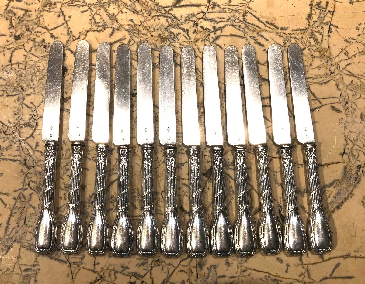 Set Of 12 Cardeilhac Fruit Knives With Solid Silver Blades, Louis XVI Style 