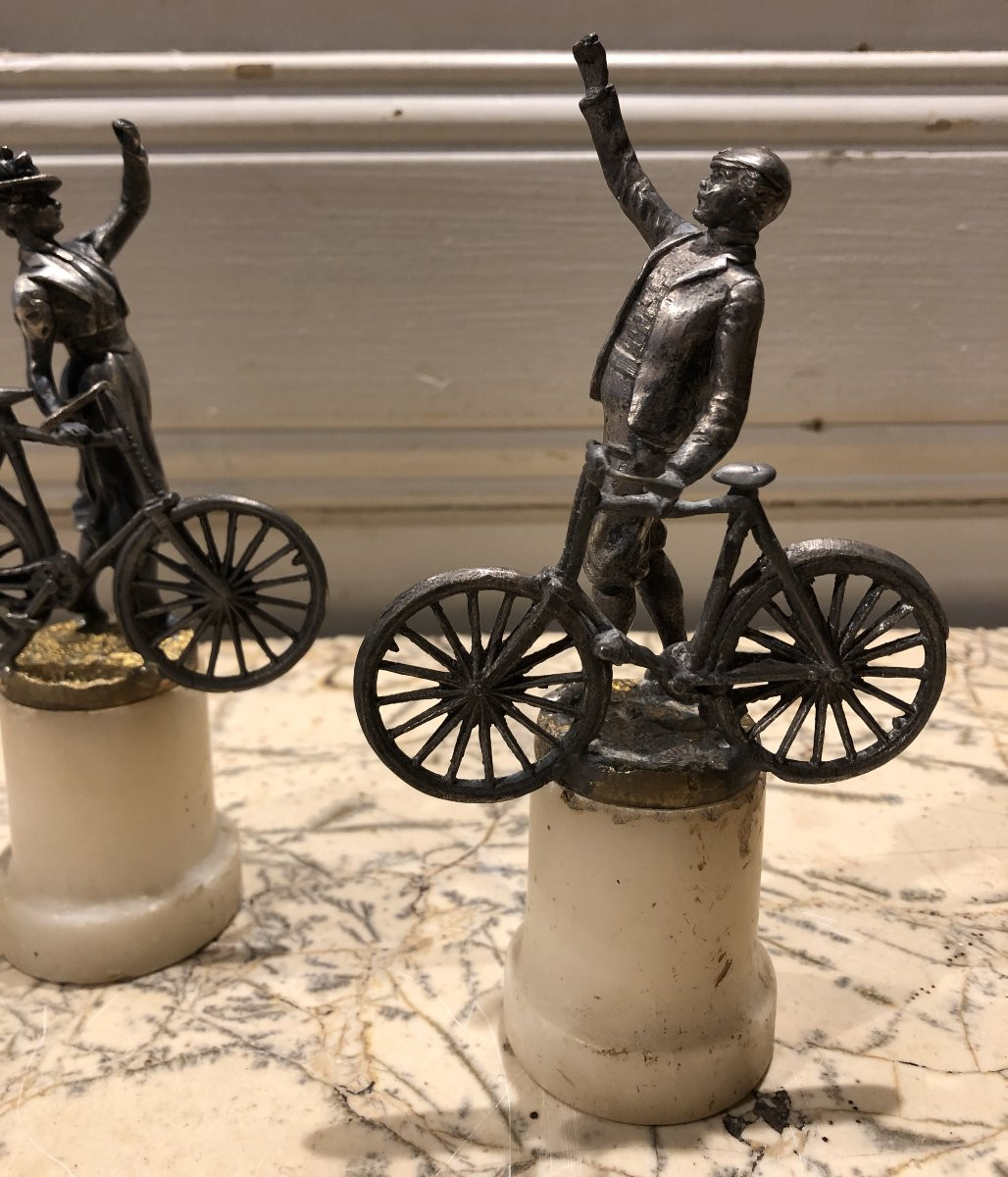 couple de cyclistes en métal argenté et doré vers 1900-photo-4