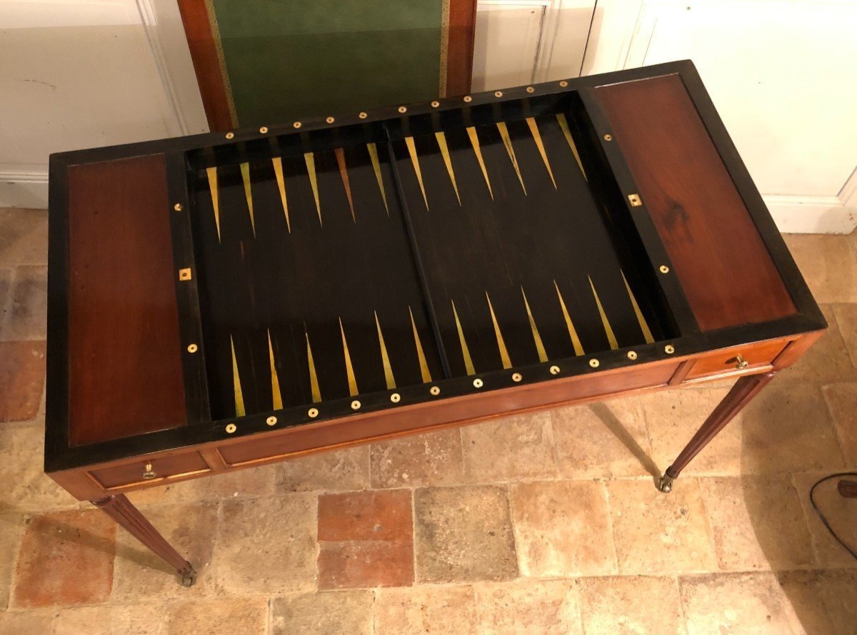 Table à Jeux, Tric Trac, Bureau Louis XVI Estampillée M. Ohneberg En Acajou-photo-4