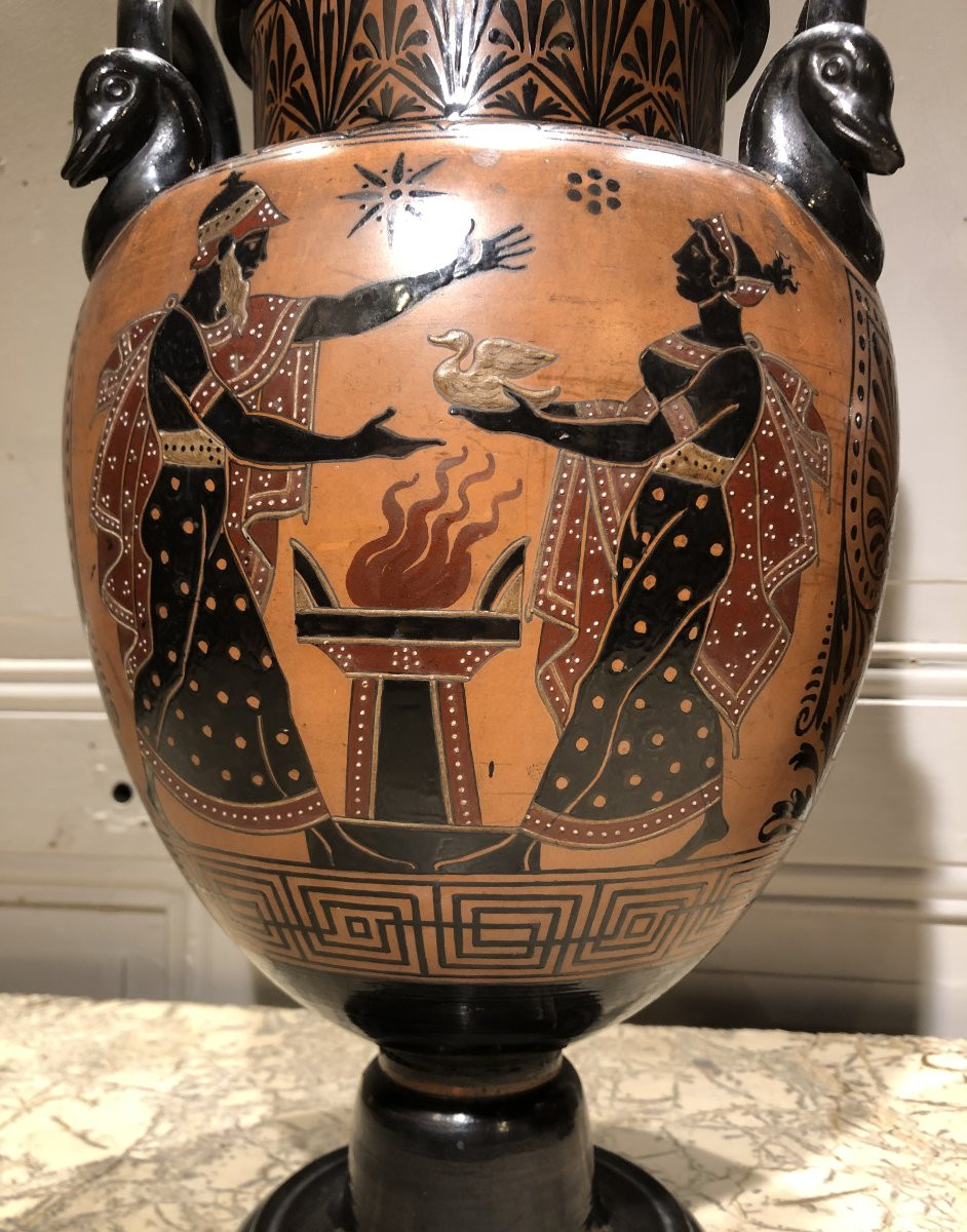 Paire de vases Etrusque en terre cuite peinte, Grand Tour XIX° siècle -photo-2